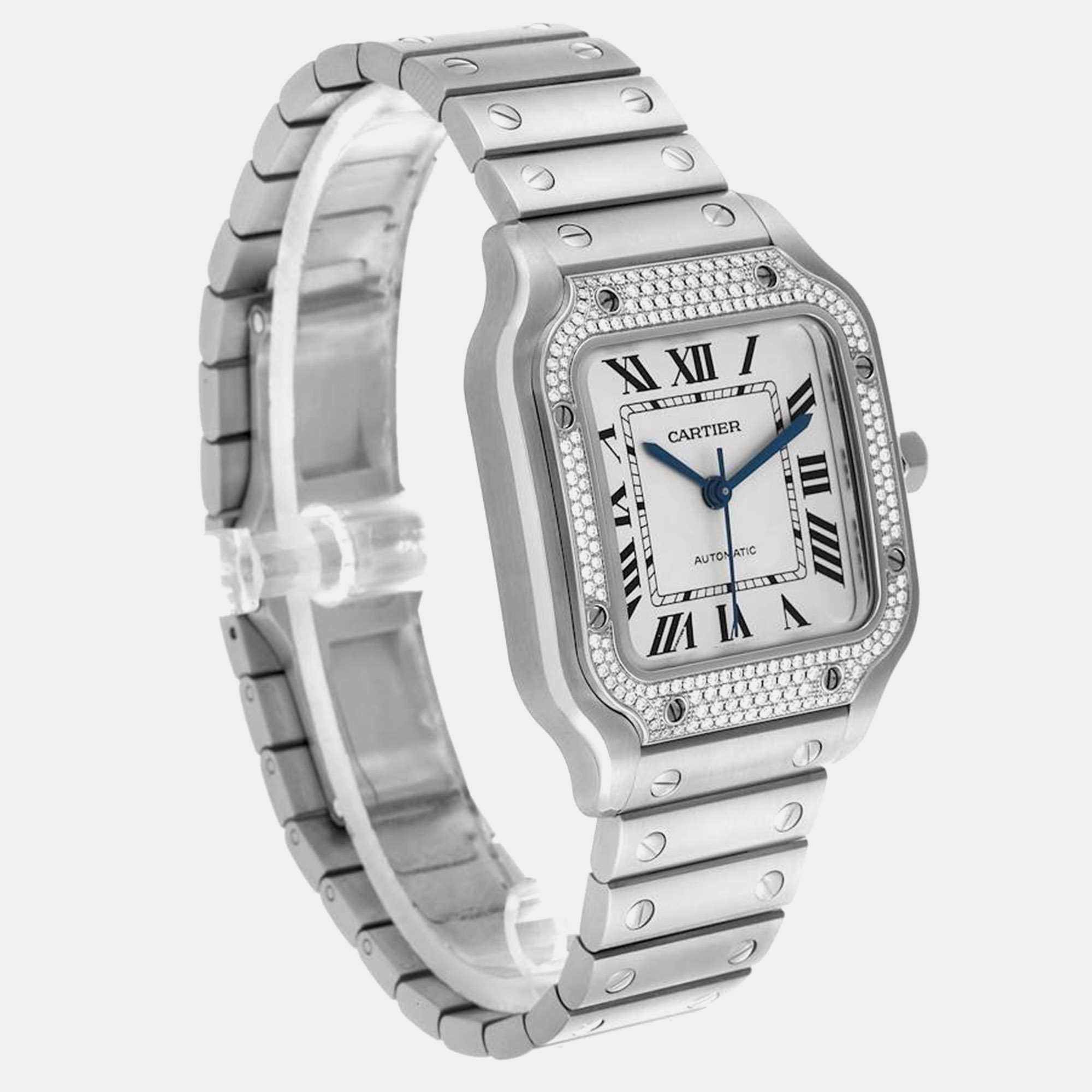 Cartier Santos Silver Dial Steel Diamond Mens Watch W4SA0005 35.1 Mm