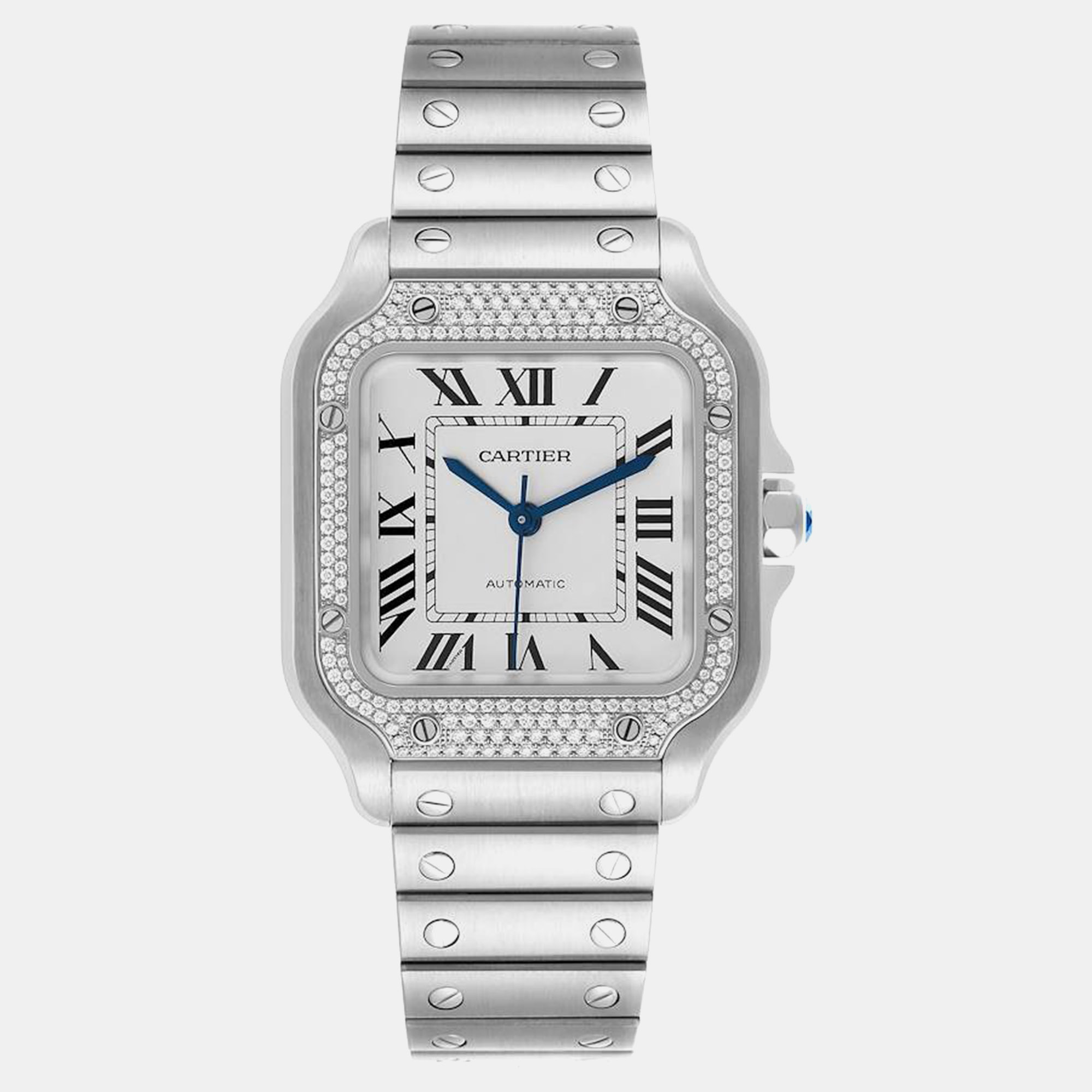 Cartier Santos Silver Dial Steel Diamond Mens Watch W4SA0005 35.1 Mm