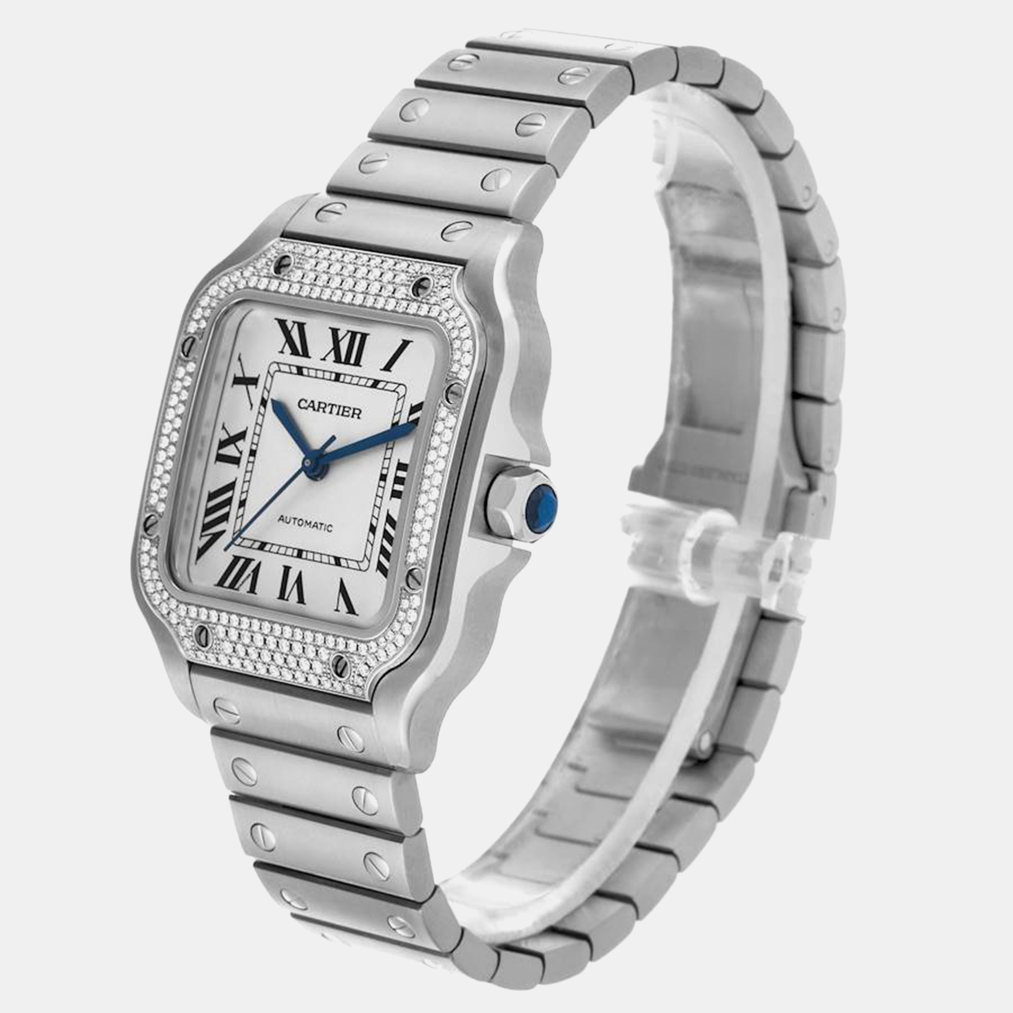 Cartier Santos Silver Dial Steel Diamond Mens Watch W4SA0005 35.1 Mm