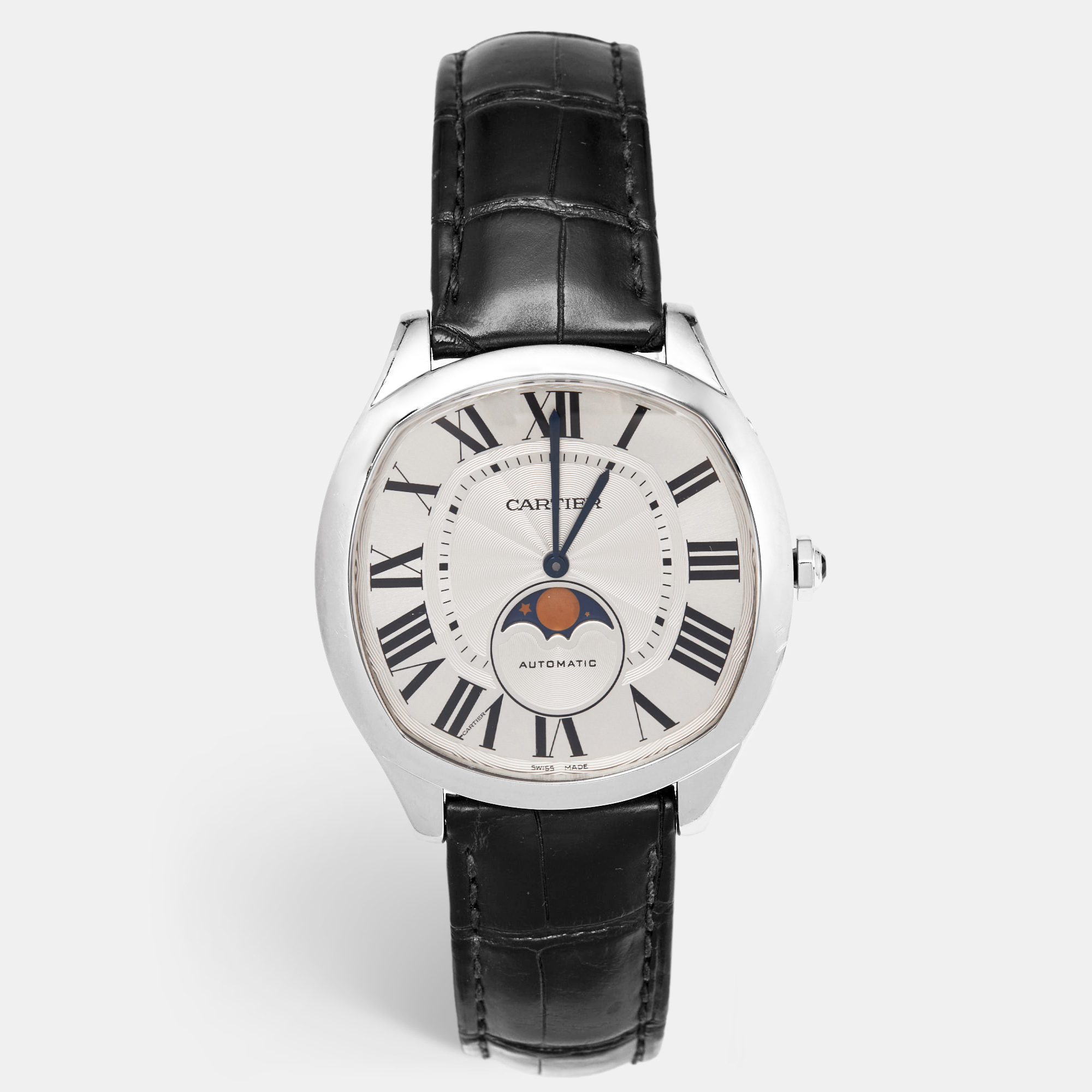Cartier Silver Stainless Steel Alligator Leather Drive De Cartier Moon Phase WSNM0008 Men's Wristwatch
Cartier Silver Stainless Steel Alligator Leather Drive De Cartier Moon Phase WSNM0008 Men's Wristwatch