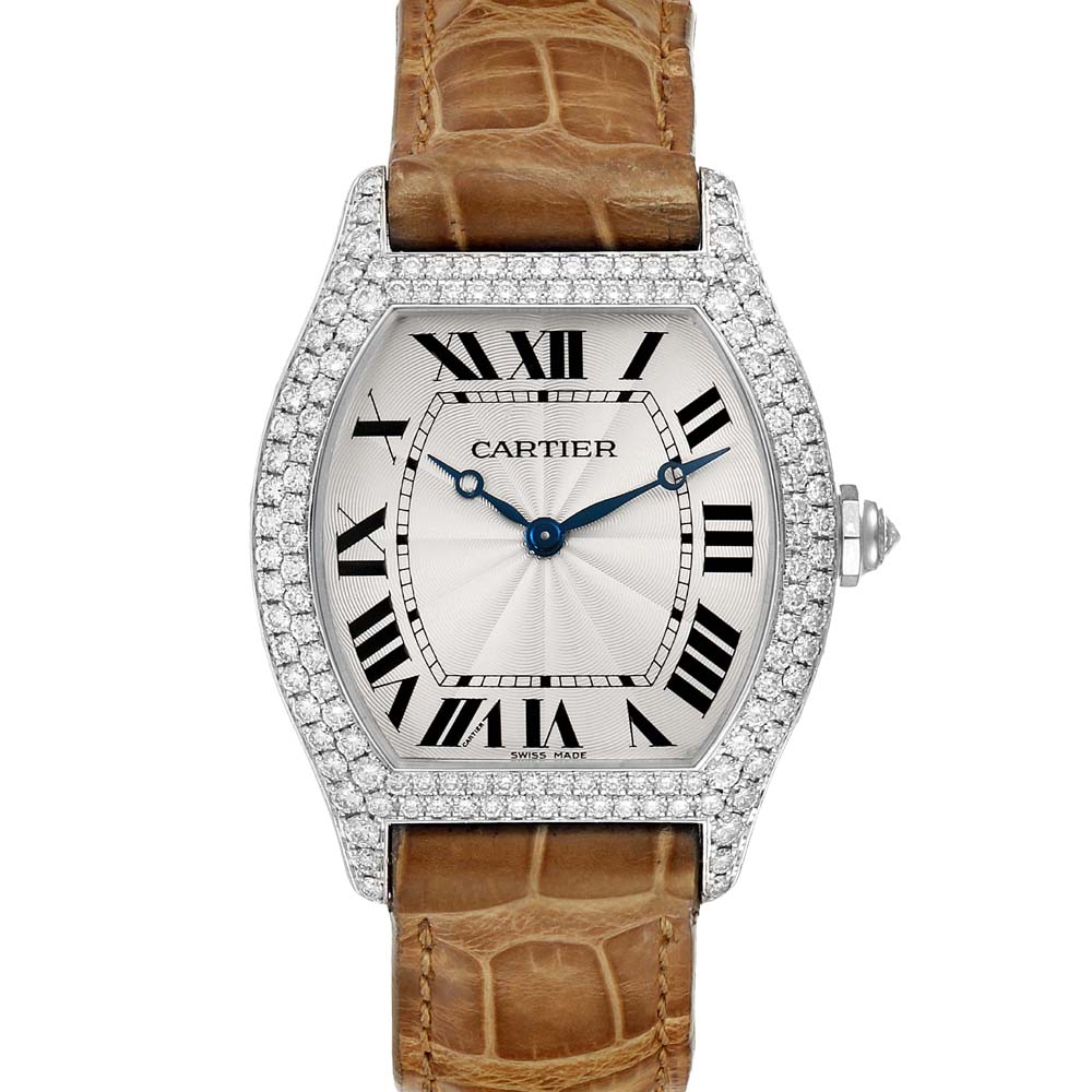 Cartier Silver Diamonds 18K White Gold Tortue WA504351 Men's Wristwatch 33 x 34 MM