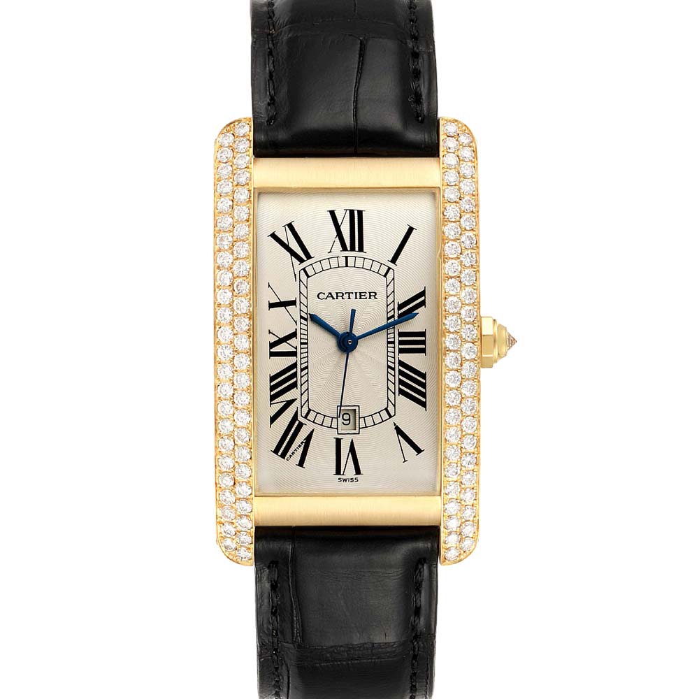 Cartier Silver Diamonds 18K Yellow Gold Tank Americaine WB702051 Men's Wristwatch 26 x 45 MM