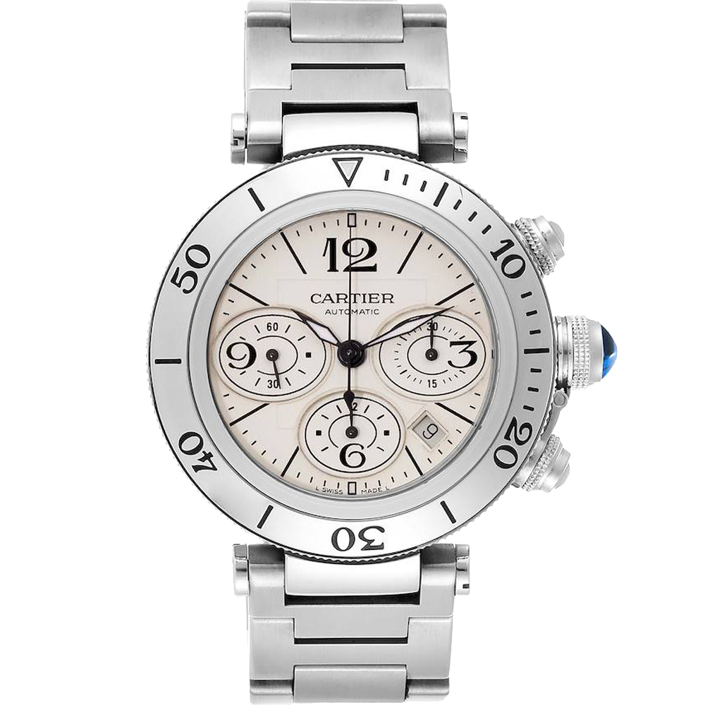 Cartier Silver Stainless Steel Pasha Seatimer Chrono W31089M7 Men's Wristwatch 42.5 MM