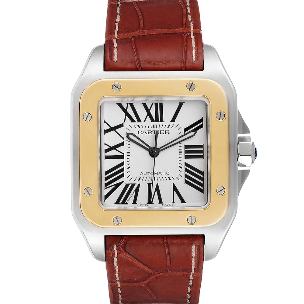 Cartier Silver 18K Yellow Gold And Stainless Steel Santos 100 W20072X7 Men's Wristwatch 38 MM