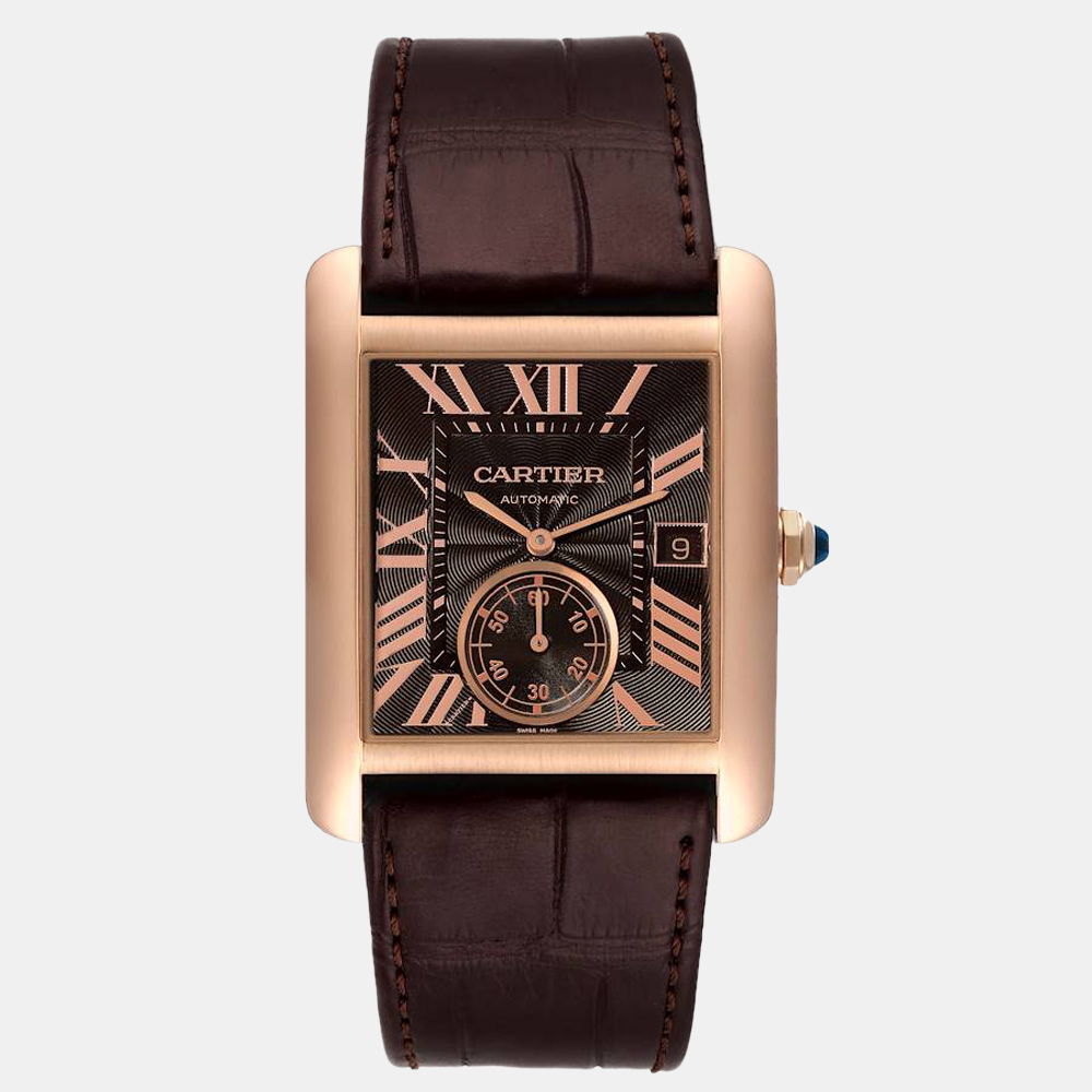 Cartier Brown 18k Rose Gold Tank MC W5330002 Automatic Men's Wristwatch 34 Mm