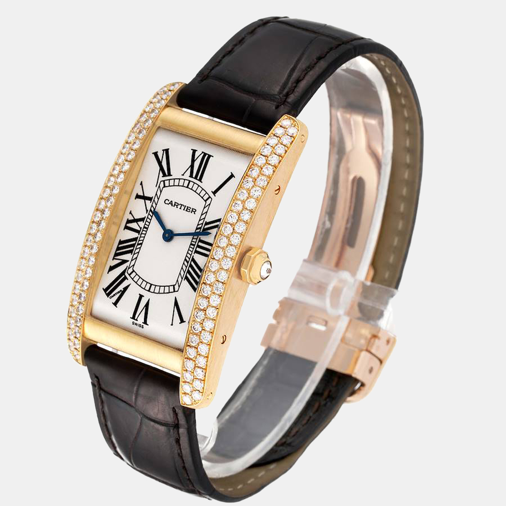 Cartier Silver Diamond 18k Yellow Gold Tank Americaine 1735 Manual Winding Men's Wristwatch 27 Mm