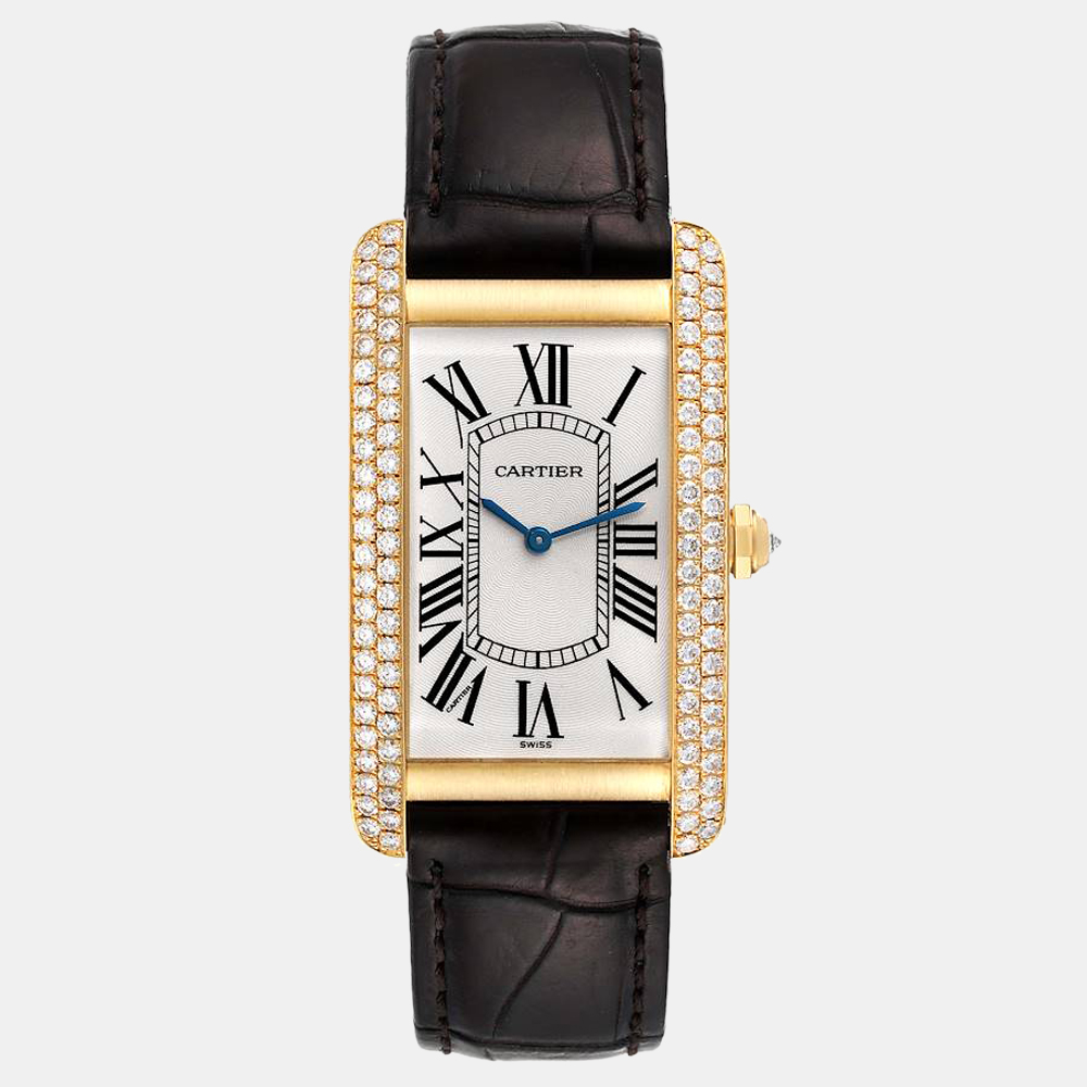 Cartier Silver Diamond 18k Yellow Gold Tank Americaine 1735 Manual Winding Men's Wristwatch 27 Mm