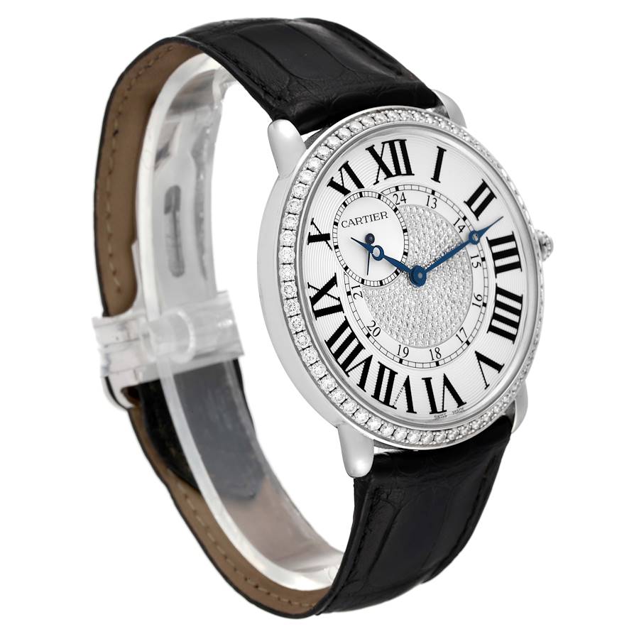 Cartier Silver Diamond 18k White Gold Ronde Louis 3269 Manual Winding Men's Wristwatch 42 Mm