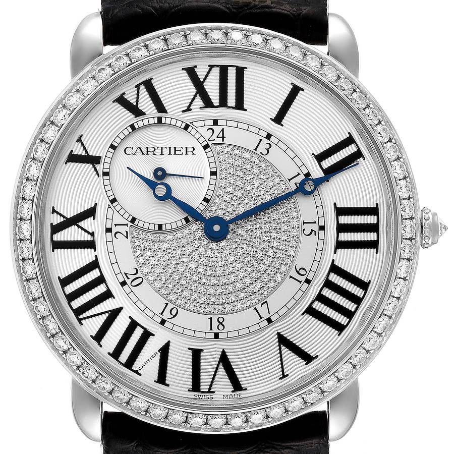 Cartier Silver Diamond 18k White Gold Ronde Louis 3269 Manual Winding Men's Wristwatch 42 Mm
