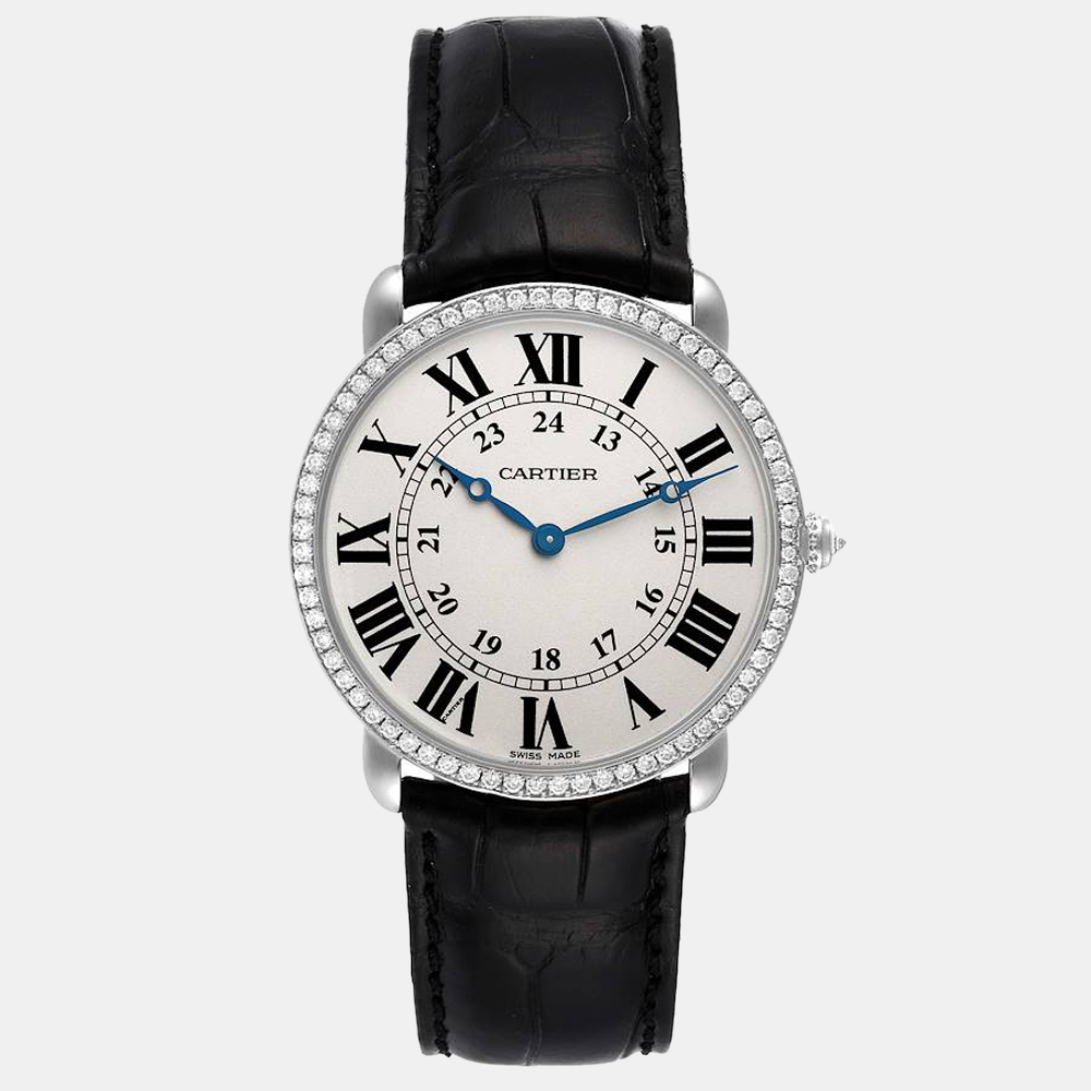 Cartier silver diamond 18k white gold ronde louis wr000551 manual winding men's wristwatch 36 mm