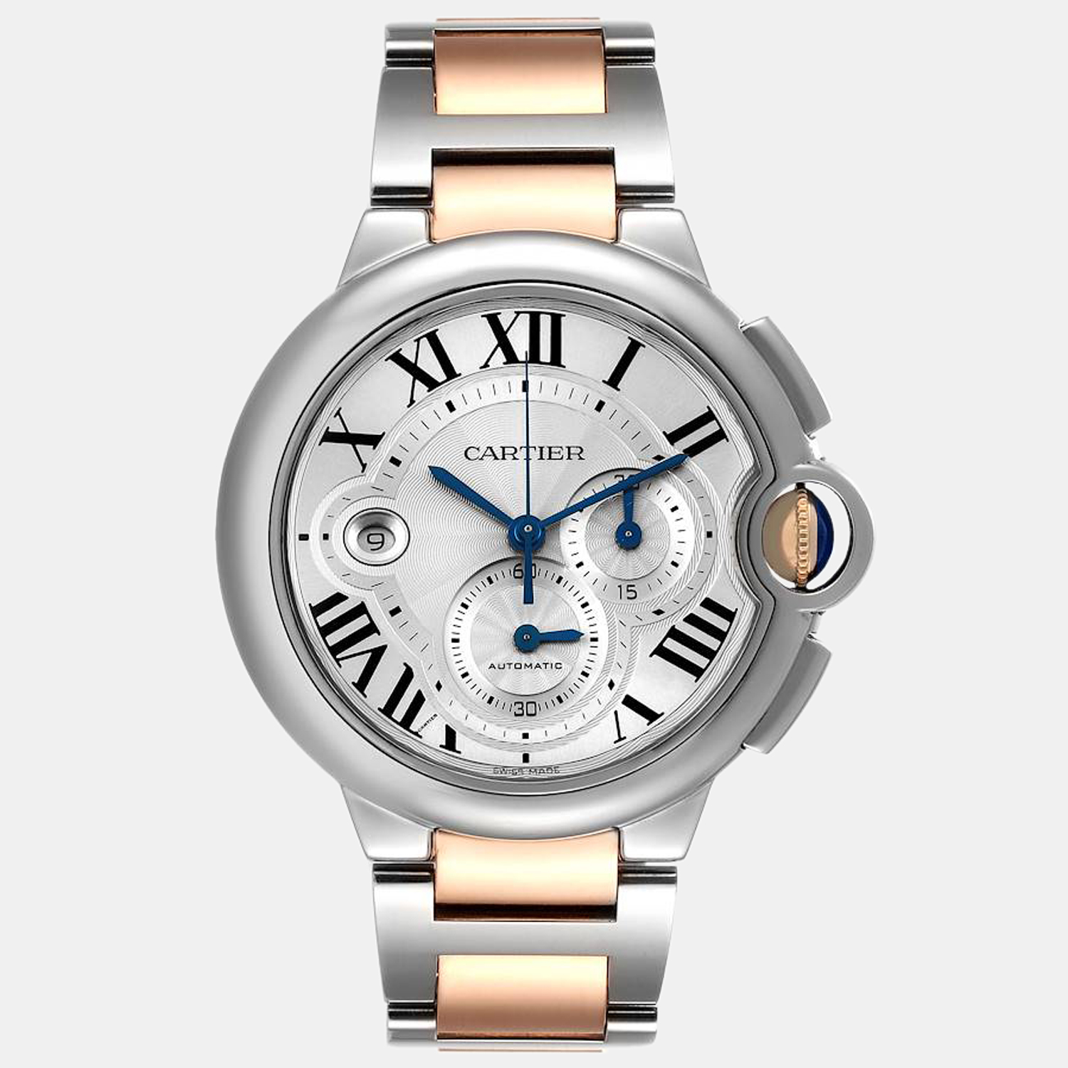 Cartier silver 18k rose gold and stainless steel ballon bleu automatic men's wristwatch 44 mm