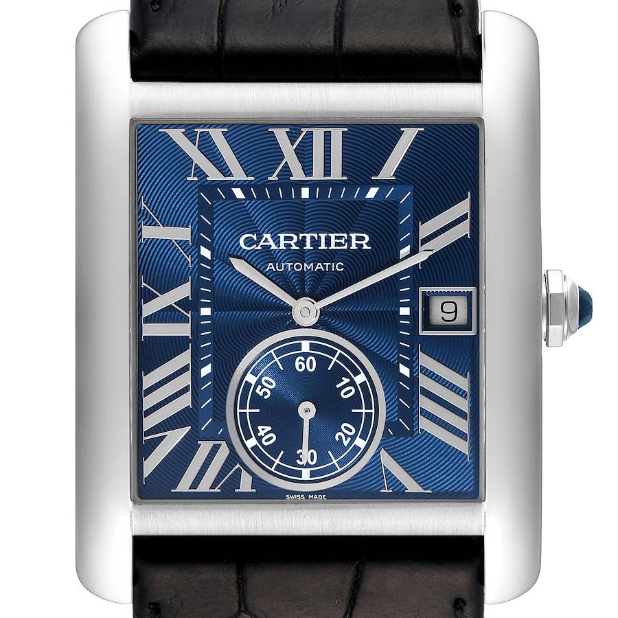 Cartier Blue Stainless Steel Tank MC WSTA0010 Automatic Men's Wristwatch 34 Mm