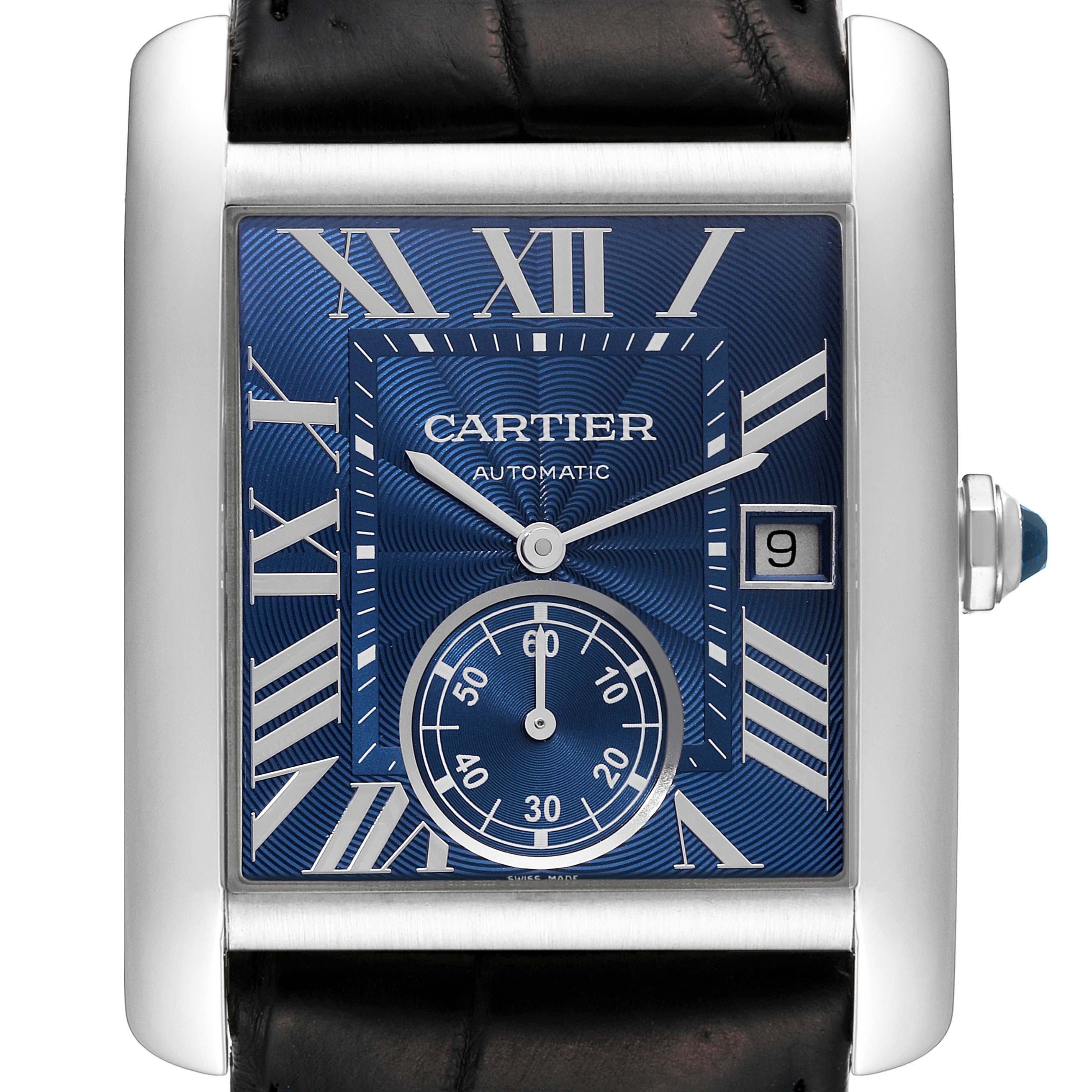 Cartier Blue Stainless Steel Tank MC WSTA0010 Automatic Men's Wristwatch 34 Mm