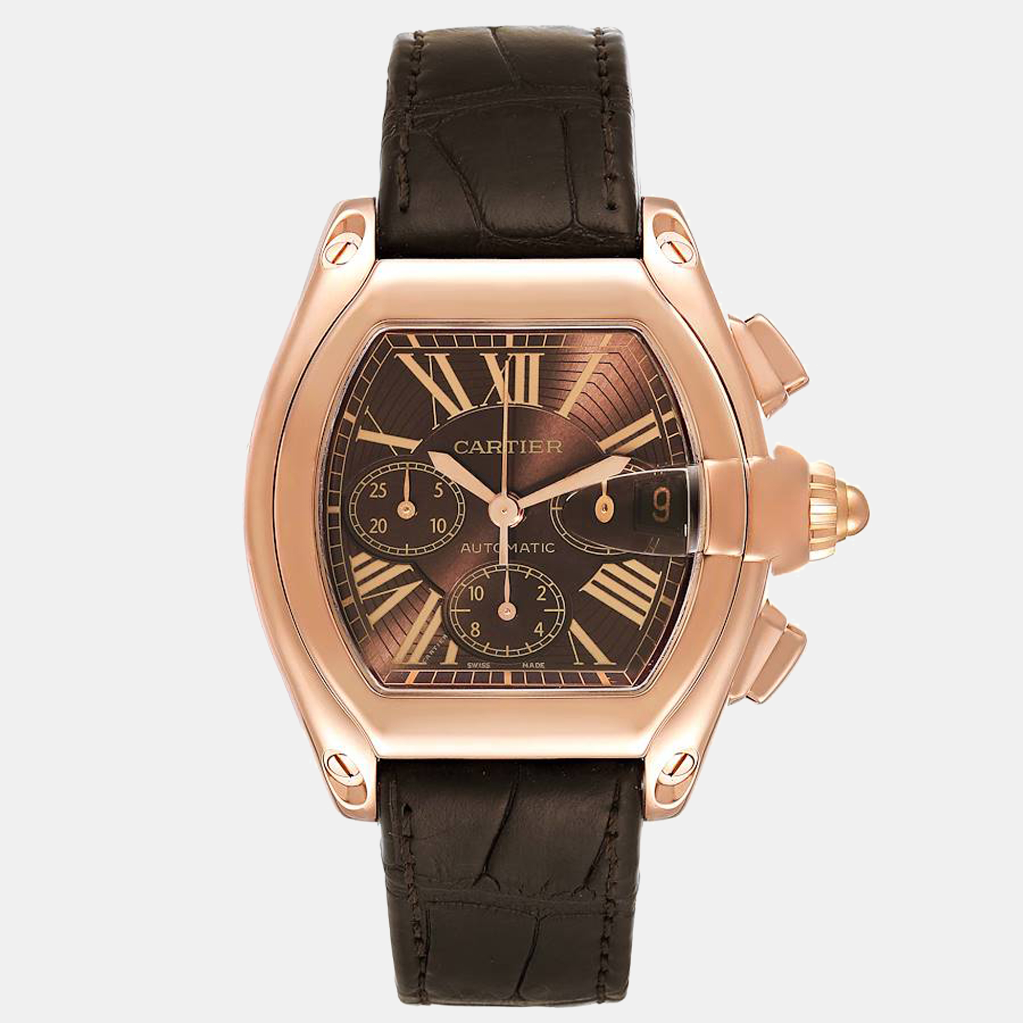 Cartier brown 18k rose gold roadster w62042y5 automatic men's wristwatch 43 mm