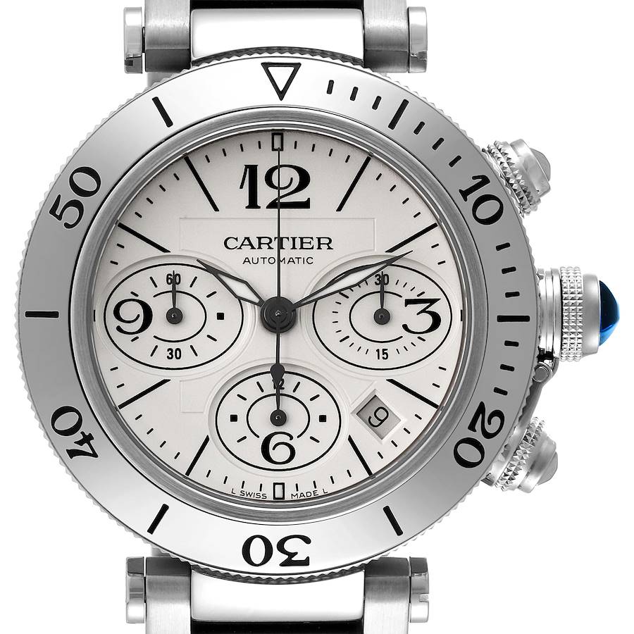 Cartier Silver Stainless Steel Pasha Seatimer Chronograph Men's Wristwatch 42.5 Mm