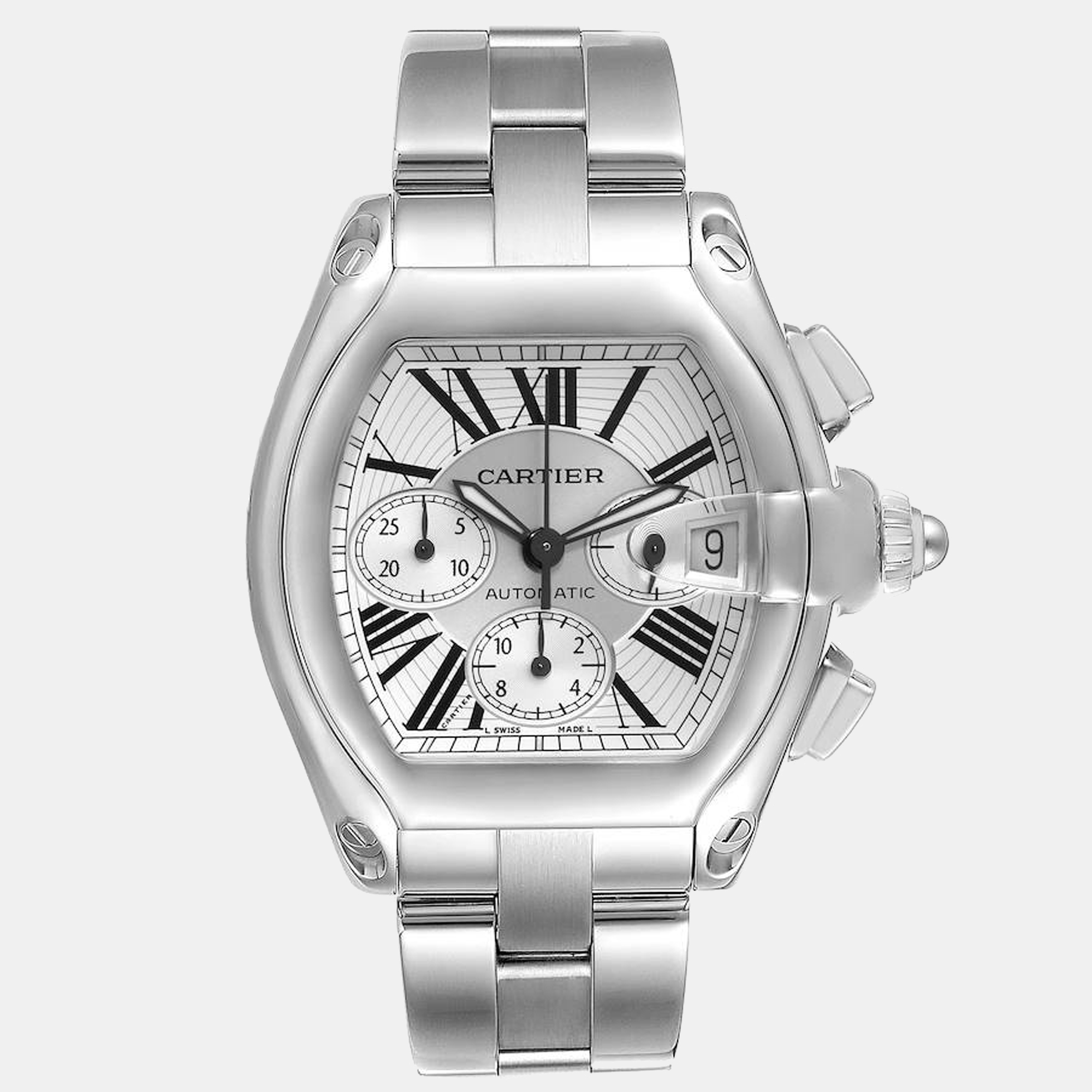 Cartier roadster xl chronograph silver dial steel mens watch w62019x6