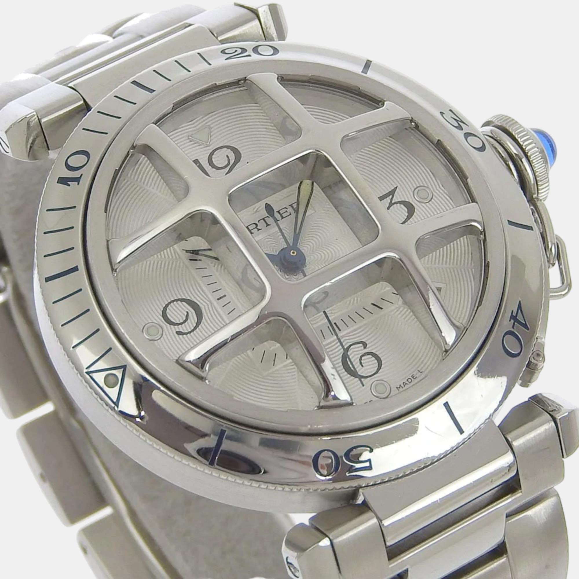 Cartier Silver Stainless Steel Pasha W31040H3 Men's Wristwatch 38 Mm
