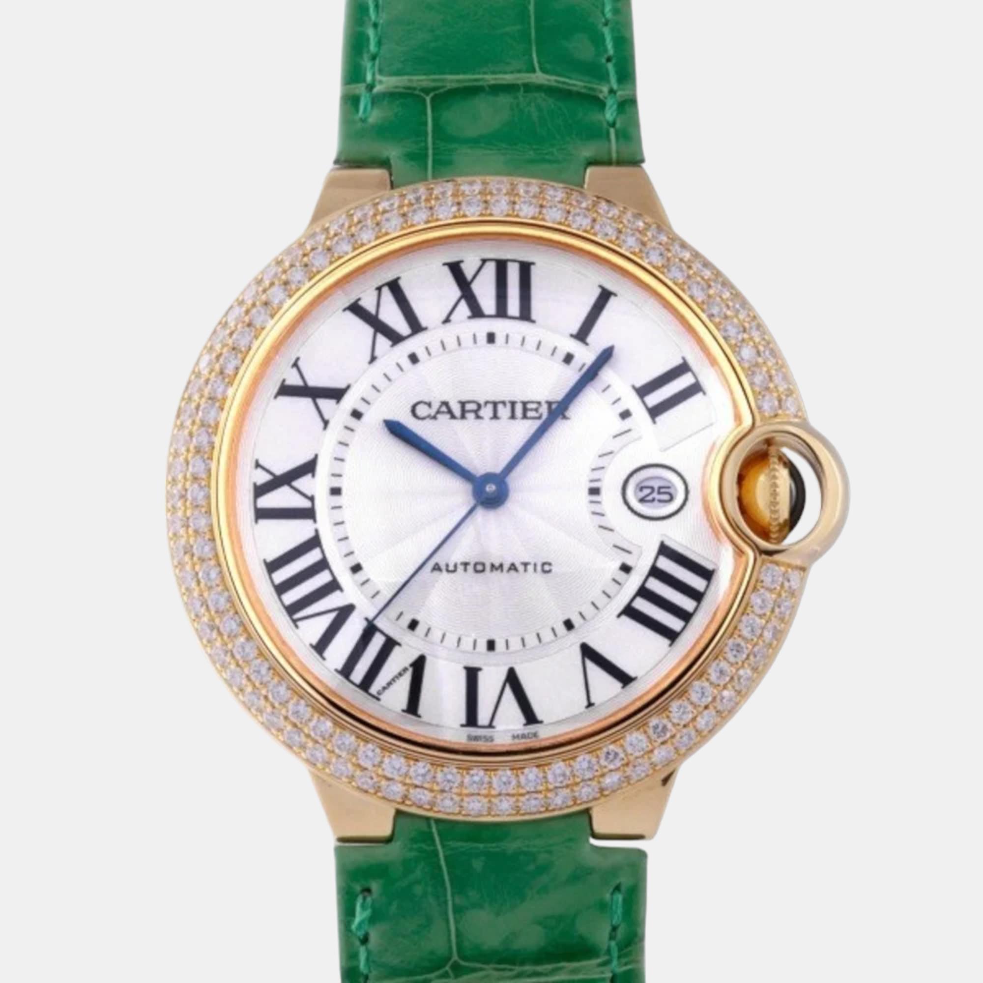 Cartier Silver Diamond 18k Yellow Gold Ballon Bleu WE900751 Automatic Men's Wristwatch 42 Mm