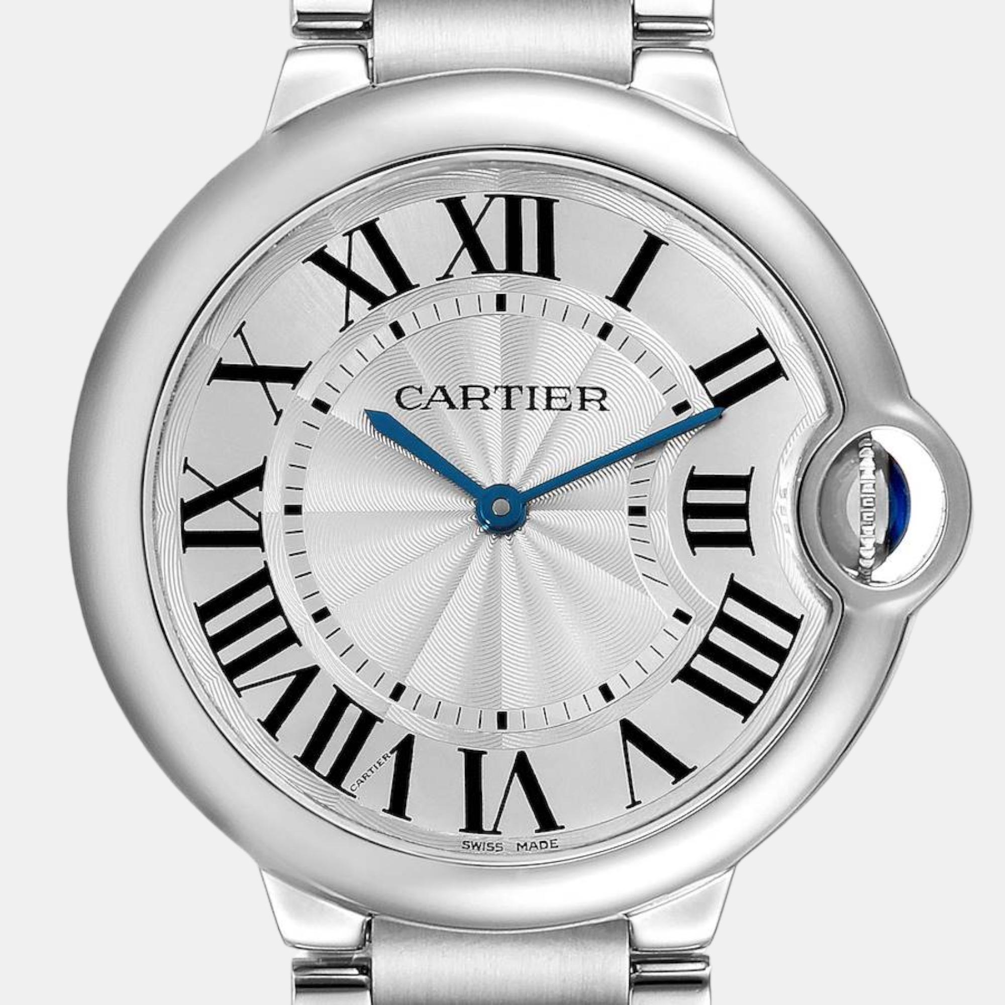 Cartier Ballon Bleu Silver Guilloche Dial Steel Men's Watch W69011Z4 36 Mm