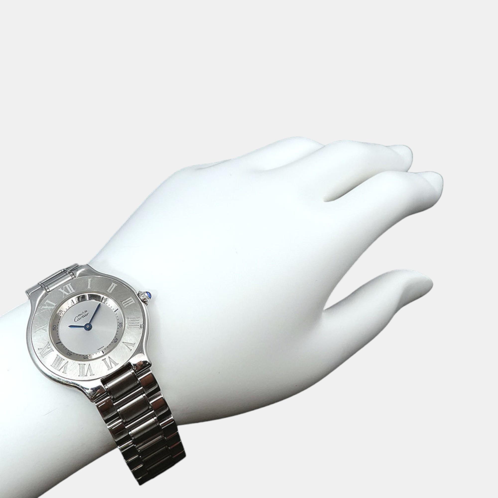 Cartier Silver Stainless Steel Must 21 De Cartier W10110T2 Quartz Men's Wristwatch 31 Mm