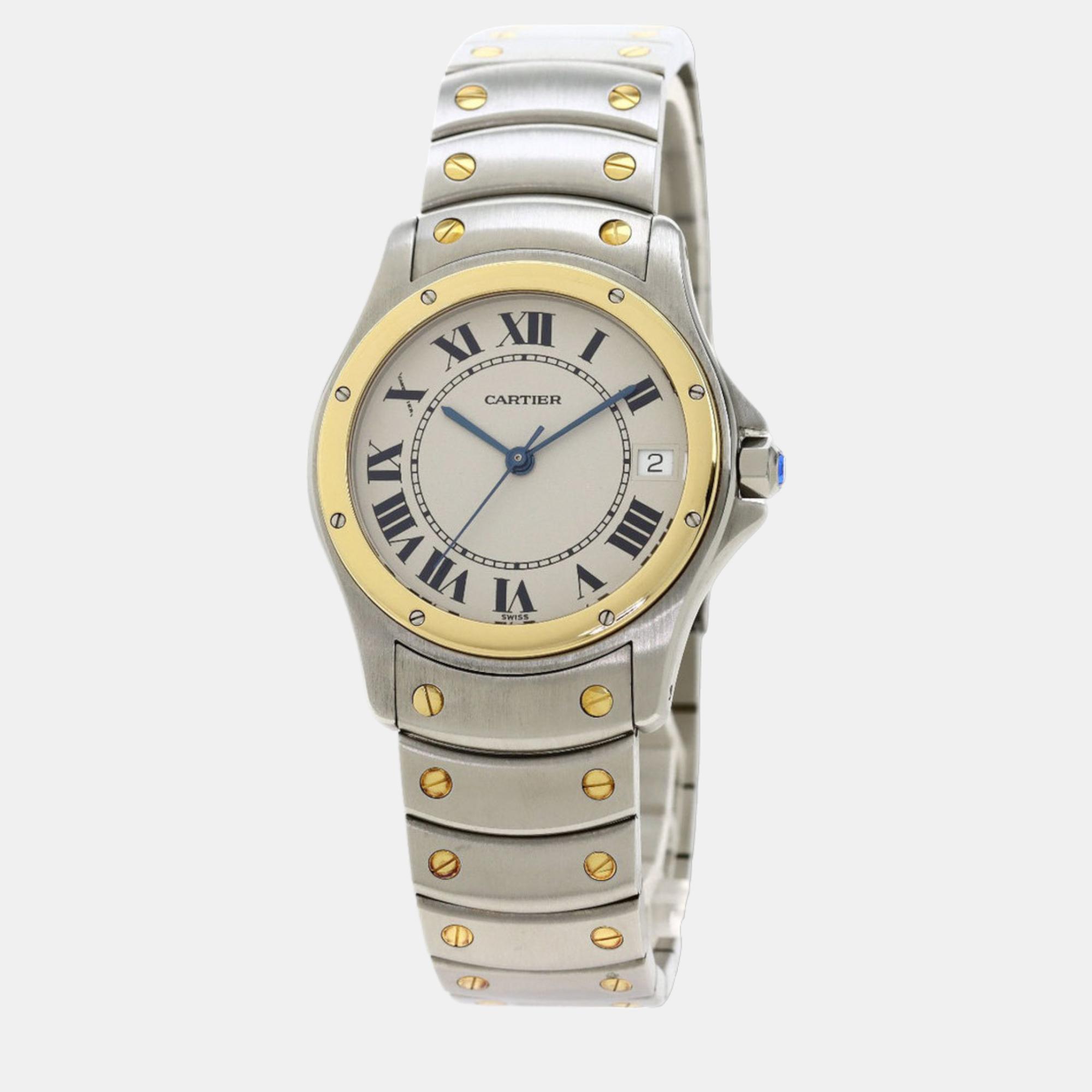 Cartier White 18k Yellow Gold And Stainless Steel Santos Ronde W20036R3 Men's Wristwatch 33 Mm