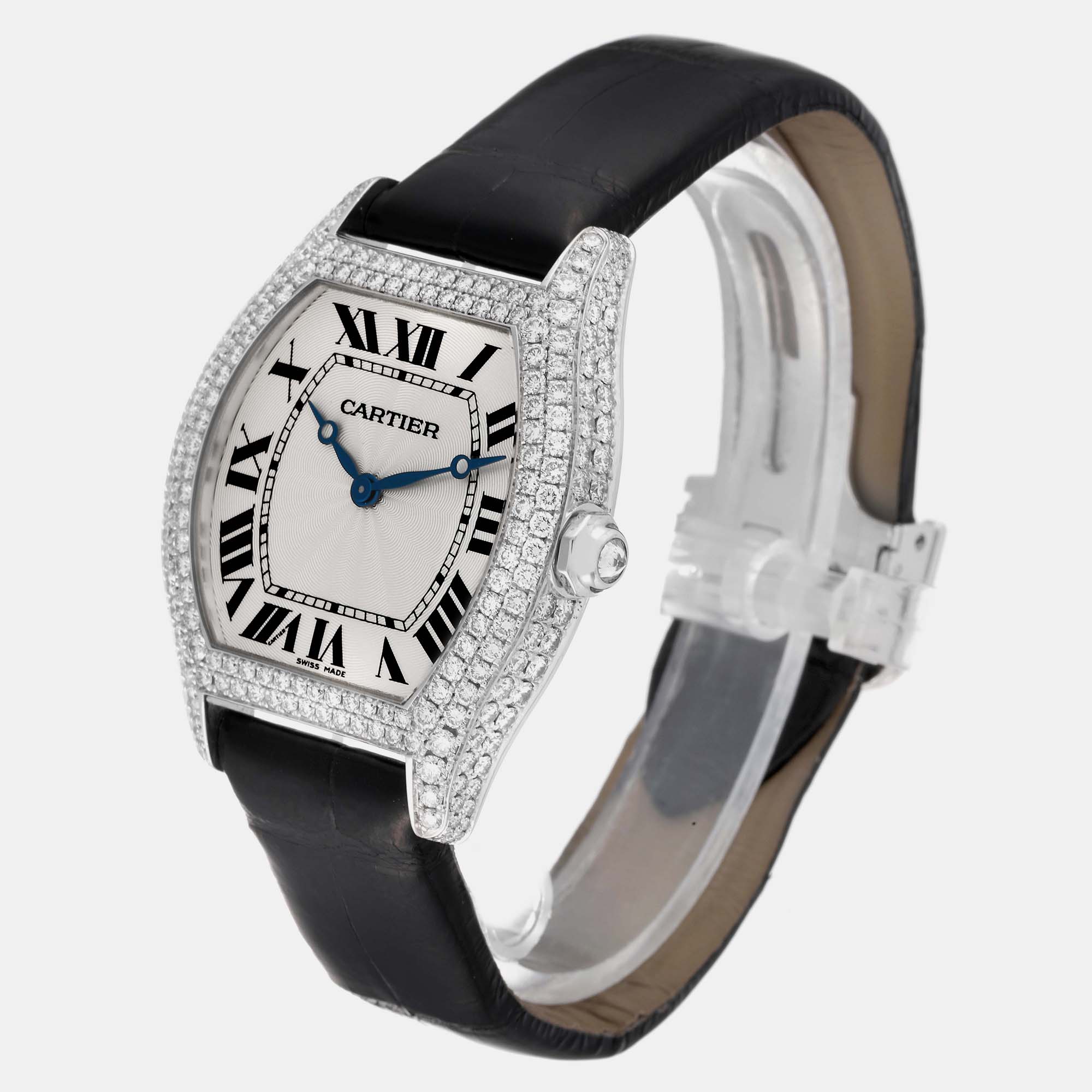 Cartier Tortue White Gold Black Strap Diamond Bezel Men's Watch WA504351 33 X 34 Mm