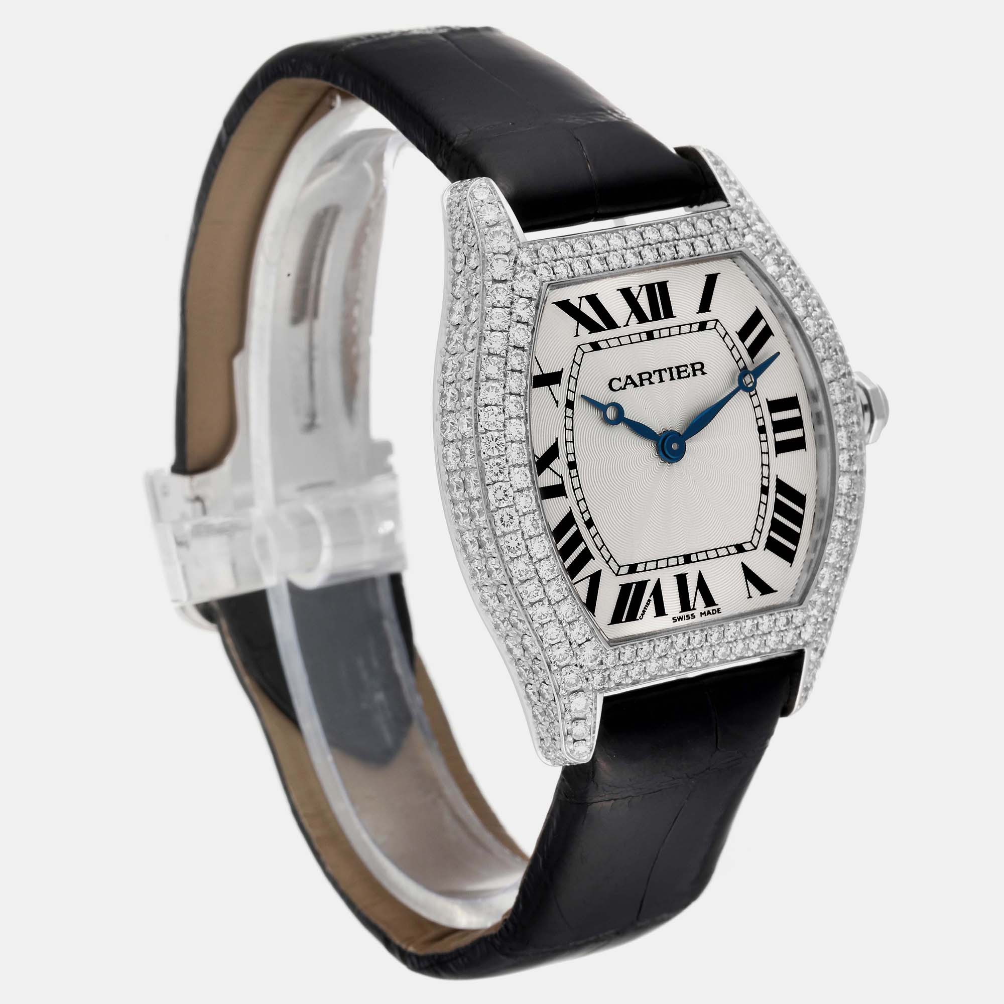 Cartier Tortue White Gold Black Strap Diamond Bezel Men's Watch WA504351 33 X 34 Mm