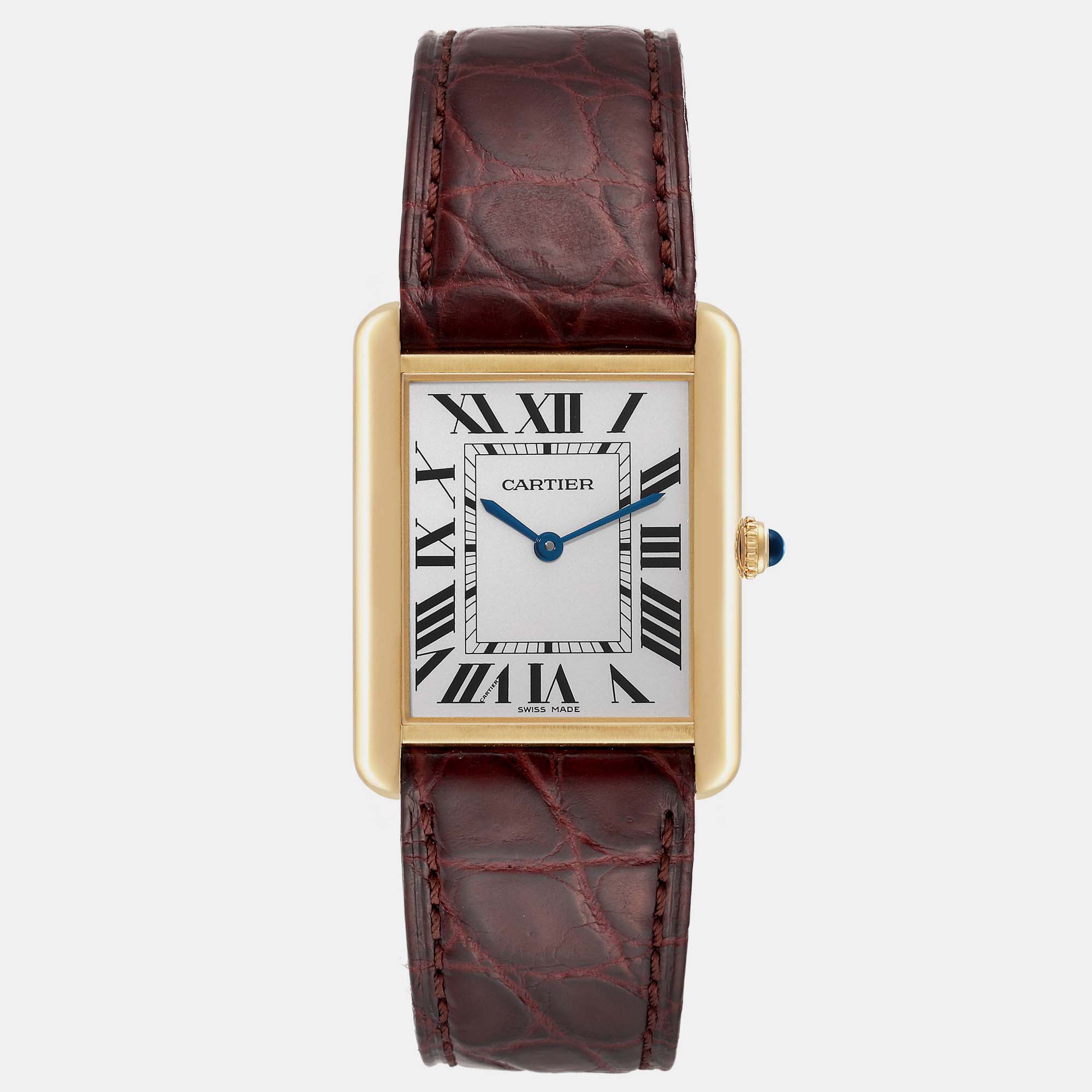 Cartier Tank Solo Yellow Gold Steel Brown Strap Mens Watch W1018855 34.0 Mm X 27.0 Mm