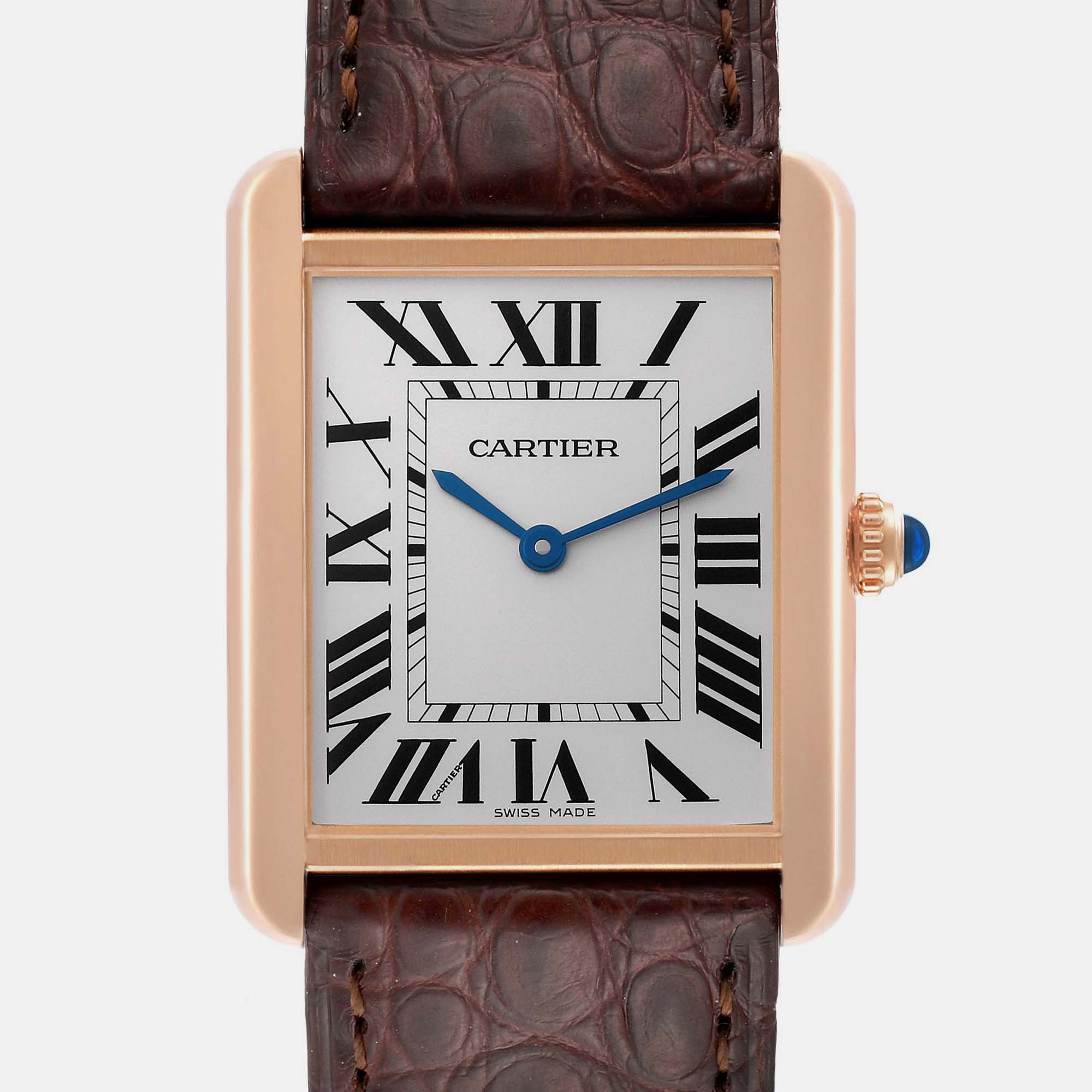 Cartier Tank Solo Large Rose Gold Steel Brown Strap Mens Watch W5200025 27 Mm