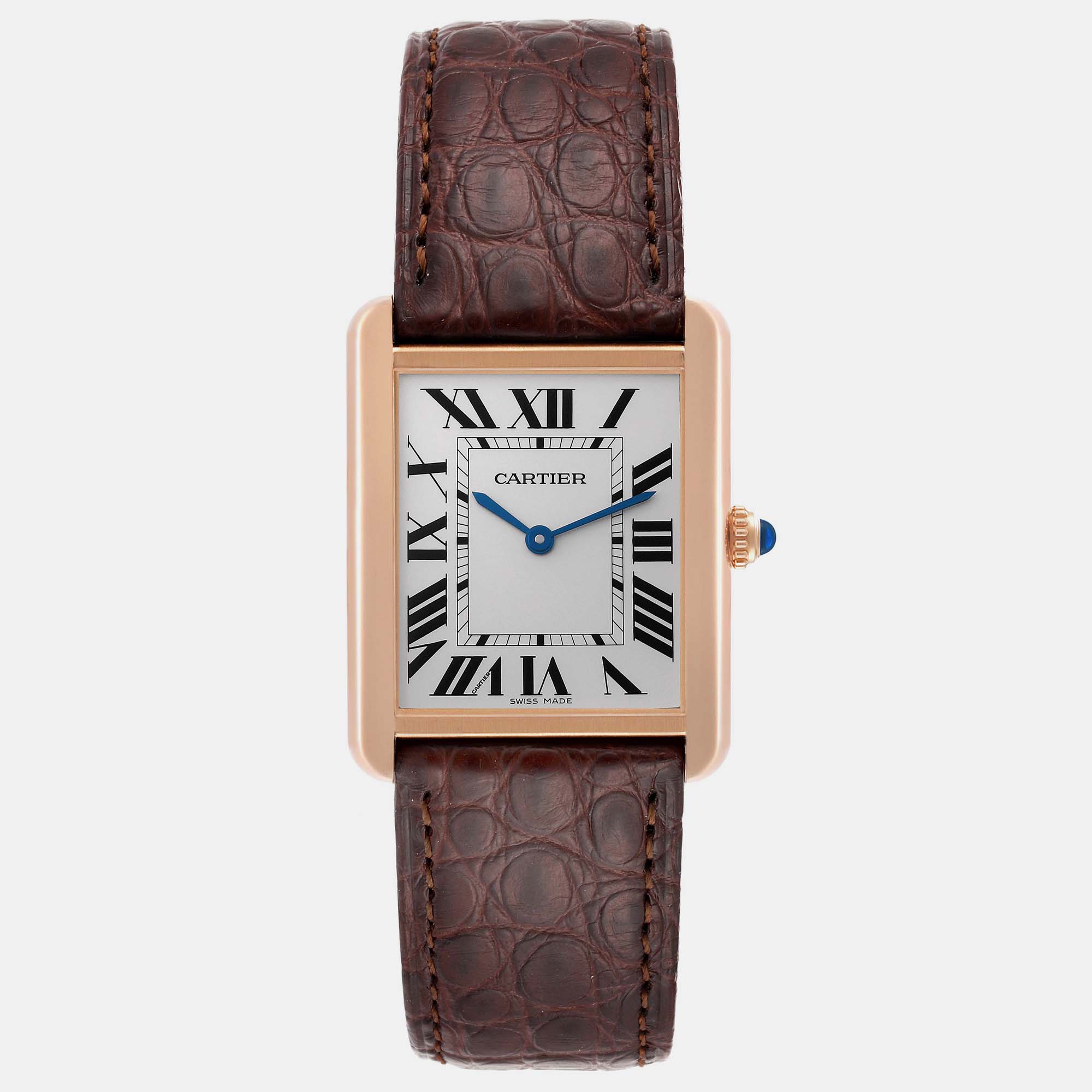 Cartier Tank Solo Large Rose Gold Steel Brown Strap Mens Watch W5200025 27 Mm