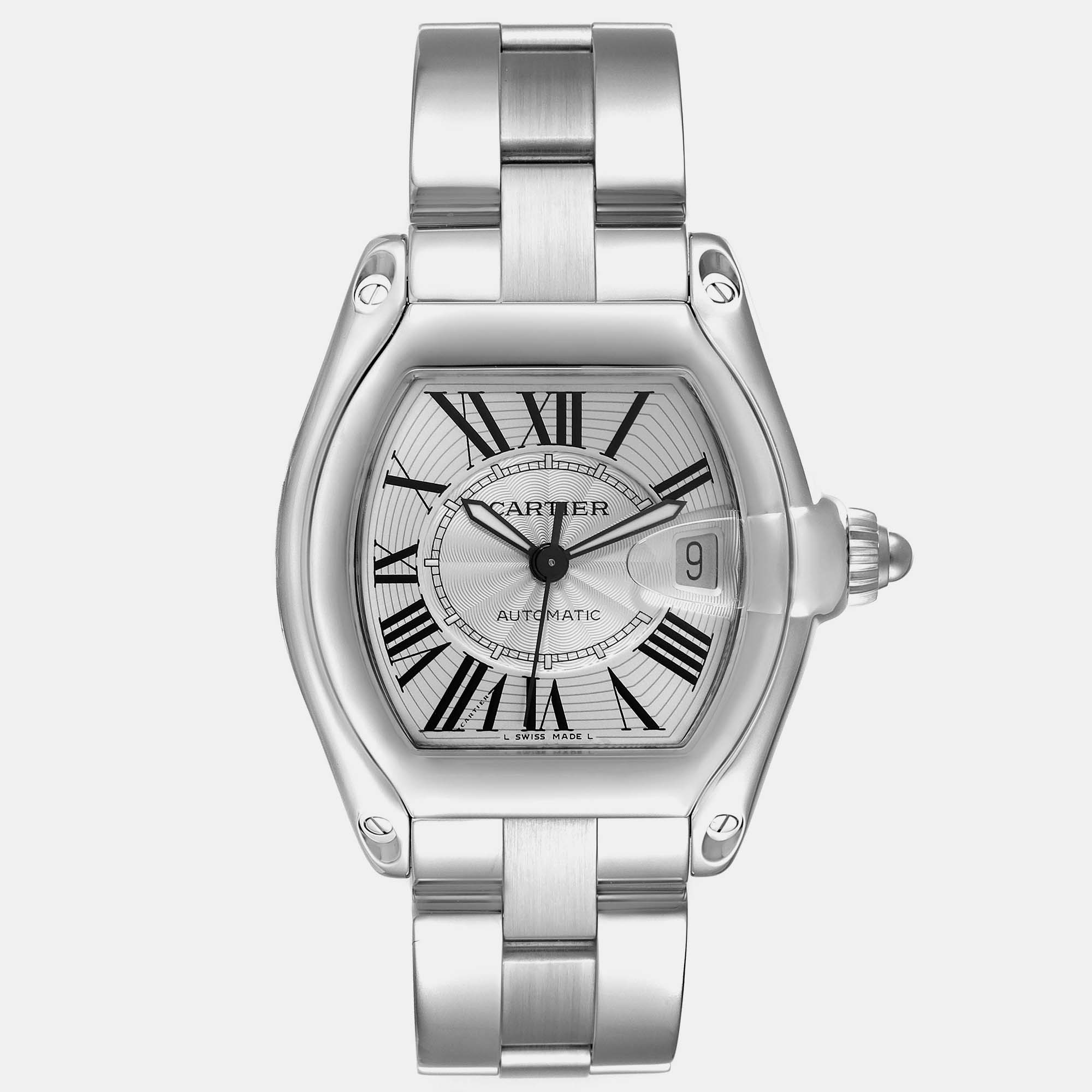 Cartier Roadster Large Silver Dial Steel Mens Watch W62025V3 38 Mm X 43 Mm