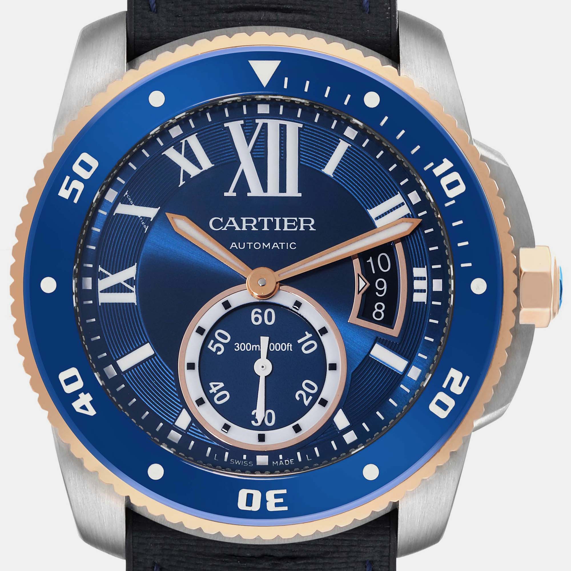 Cartier Calibre Diver Steel Rose Gold Blue Dial Mens Watch W2CA0008 42 Mm