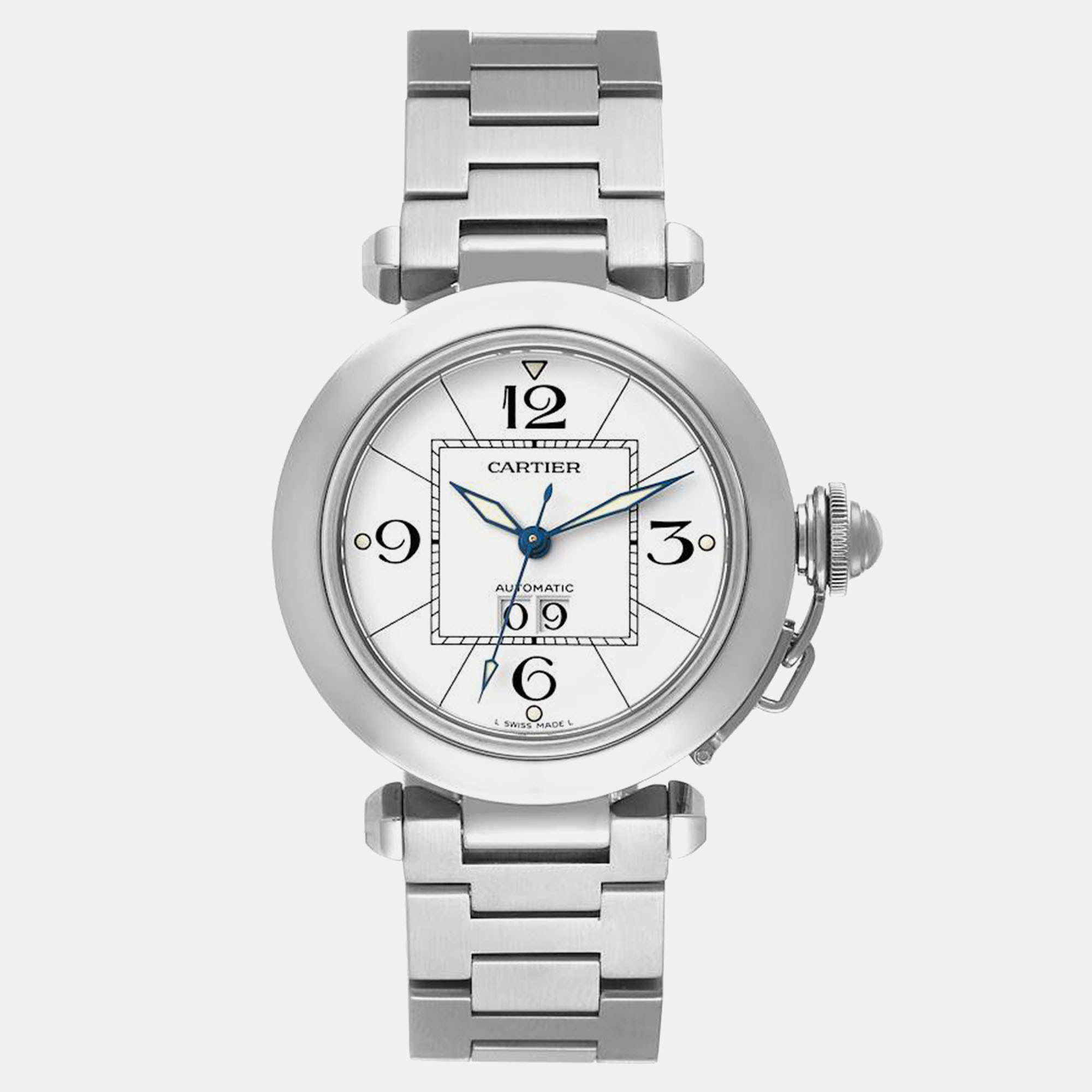 Cartier pasha c big date midsize steel white dial mens watch w31055m7