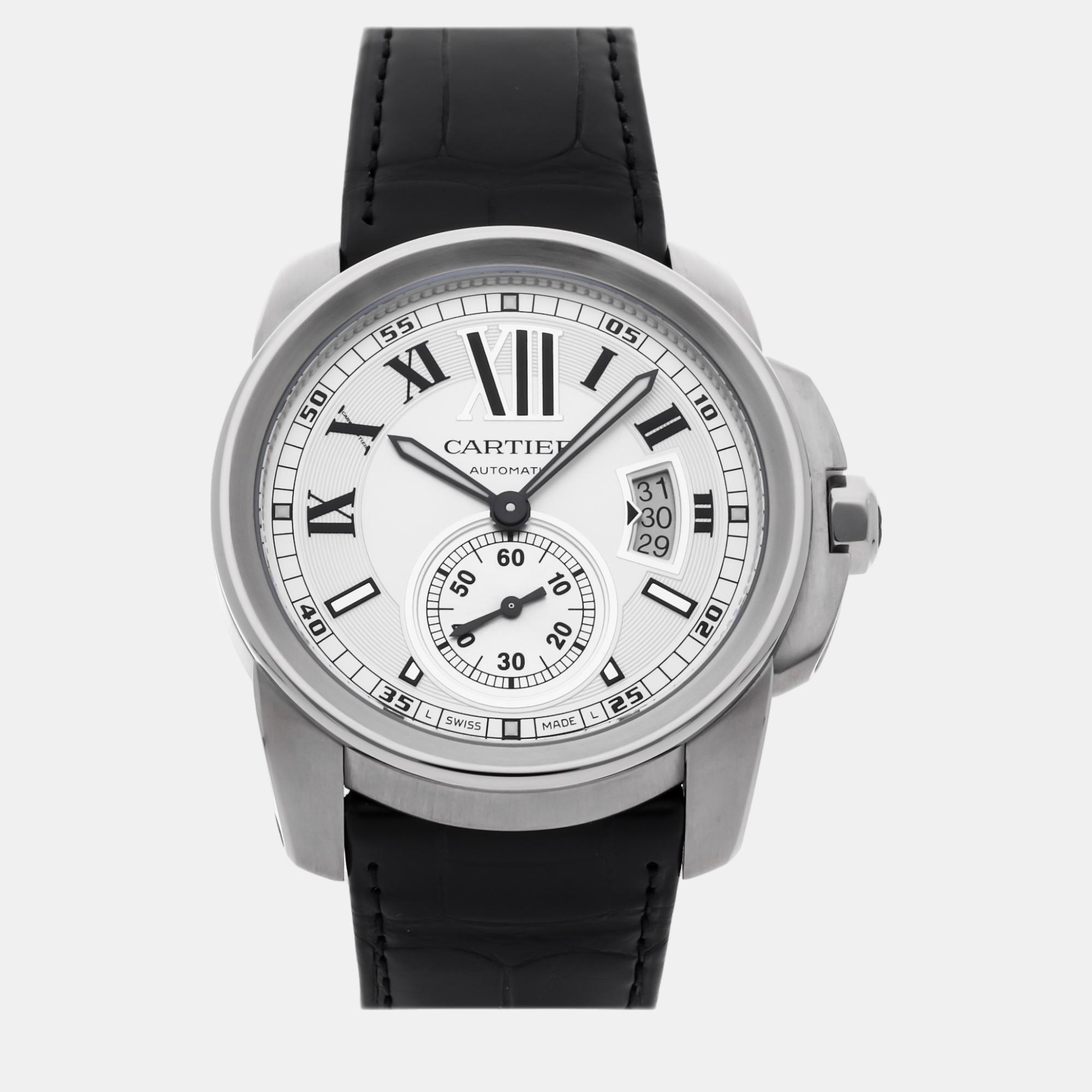 Cartier silver stainless steel calibre de cartier automatic men's wristwatch 42 mm