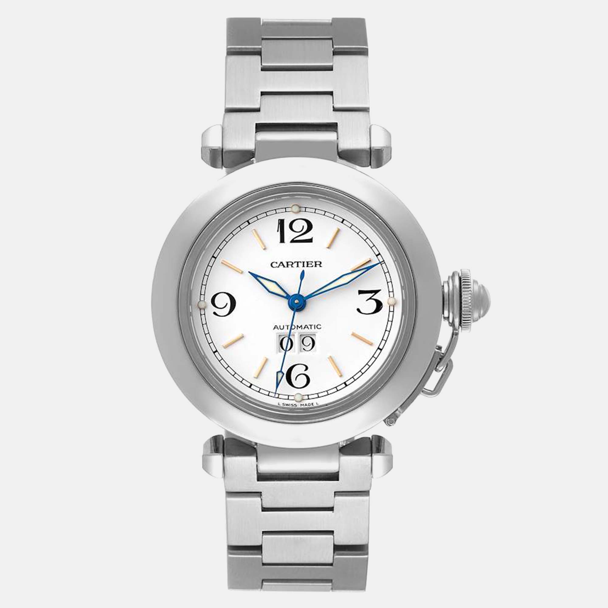Cartier pasha c midsize big date white dial steel men's watch 35 mm