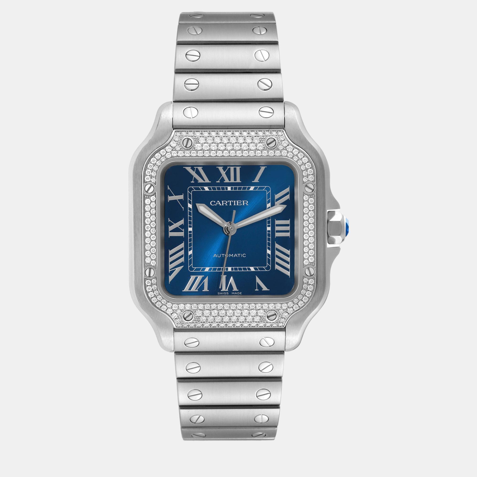 Cartier santos blue dial diamond steel men's watch 35 mm