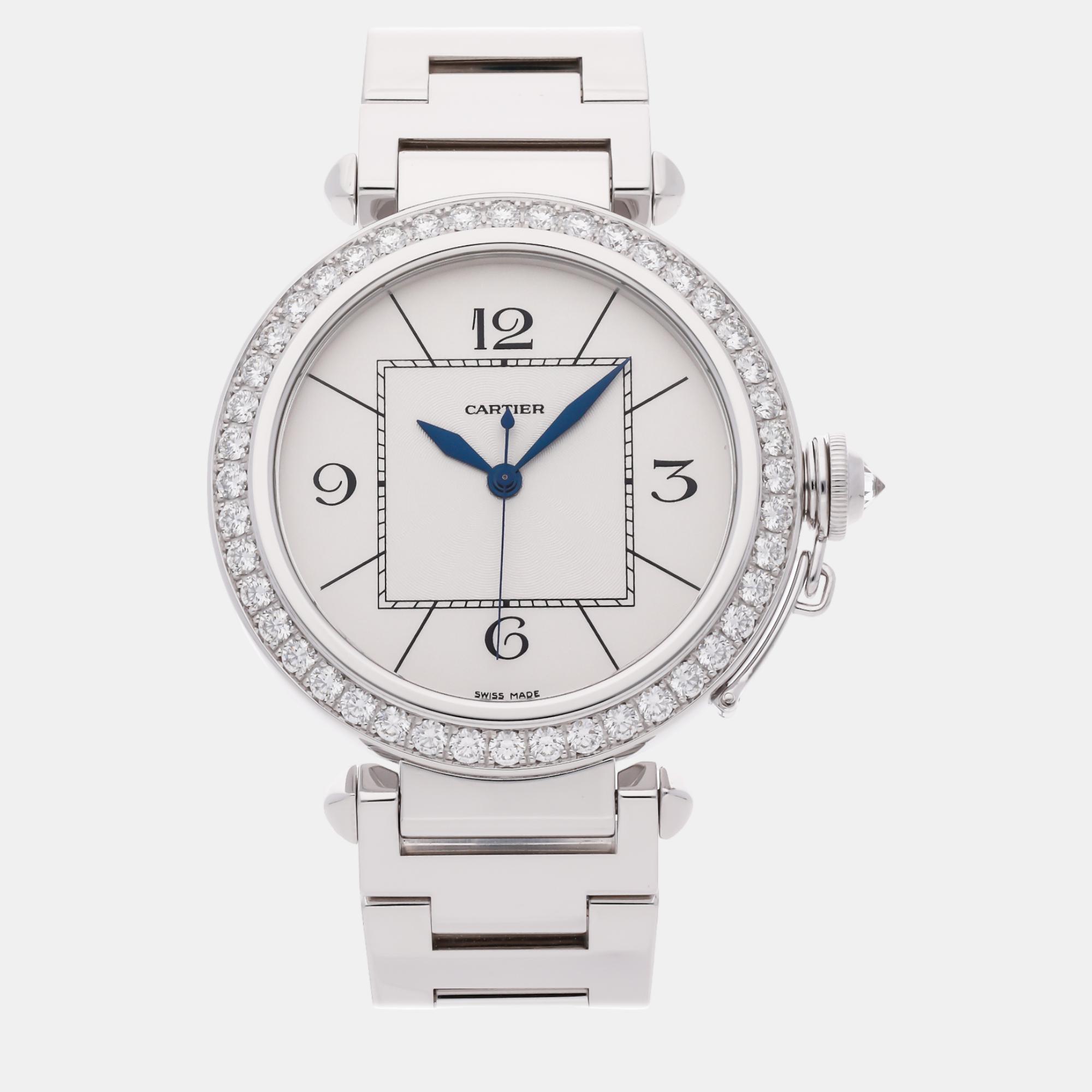 Cartier silver 18k white gold pasha de cartier wj118751 automatic men's wristwatch 42 mm