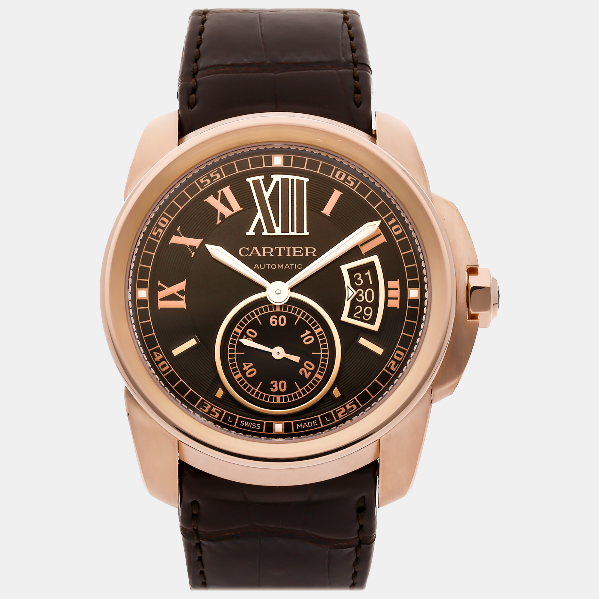 Cartier brown 18k rose gold calibre de cartier w7100007 automatic men's wristwatch 42 mm