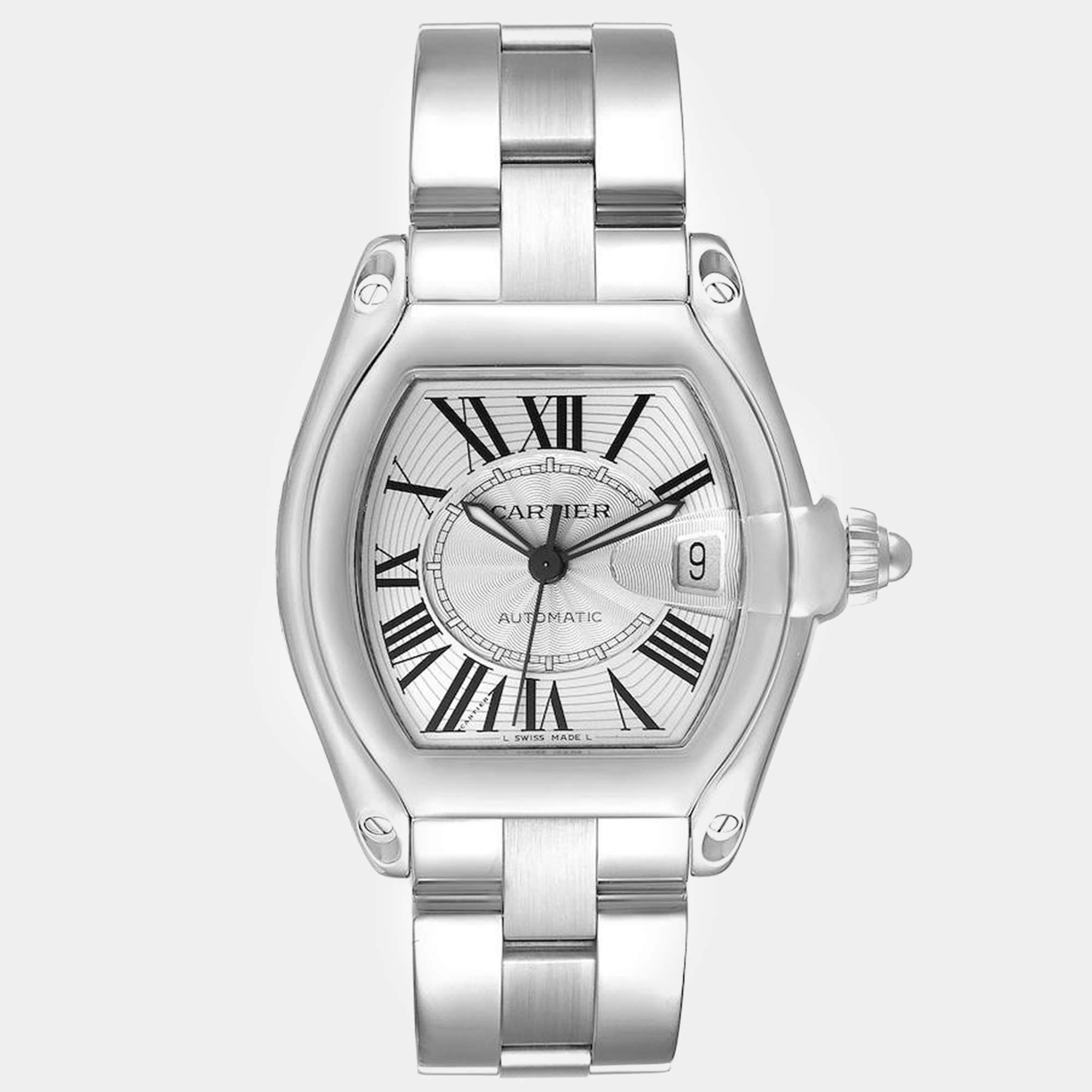 Cartier roadster large silver dial steel men's watch 38 mm