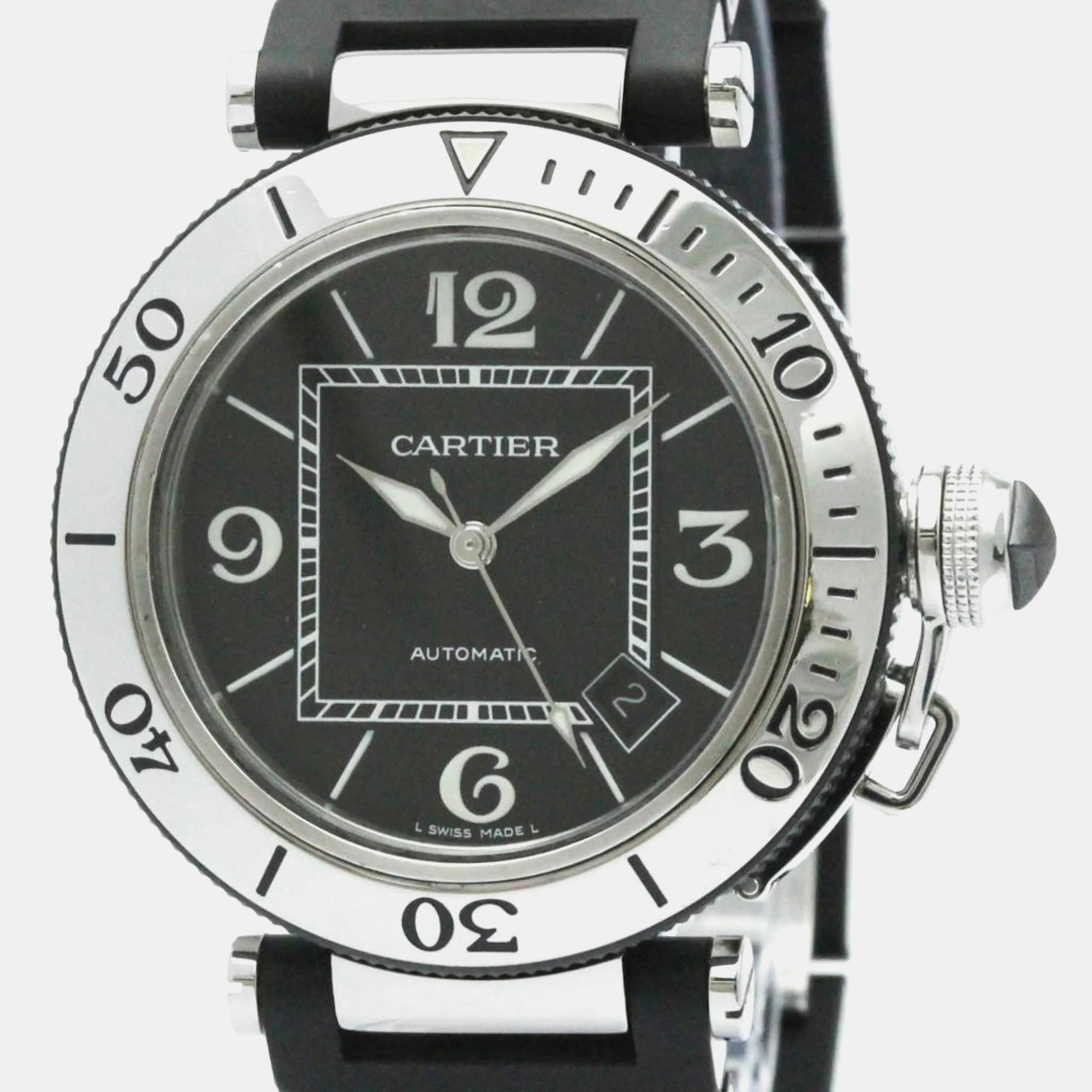 Cartier black stainless steel pasha seatimer w31077u2 automatic men's wristwatch 40 mm