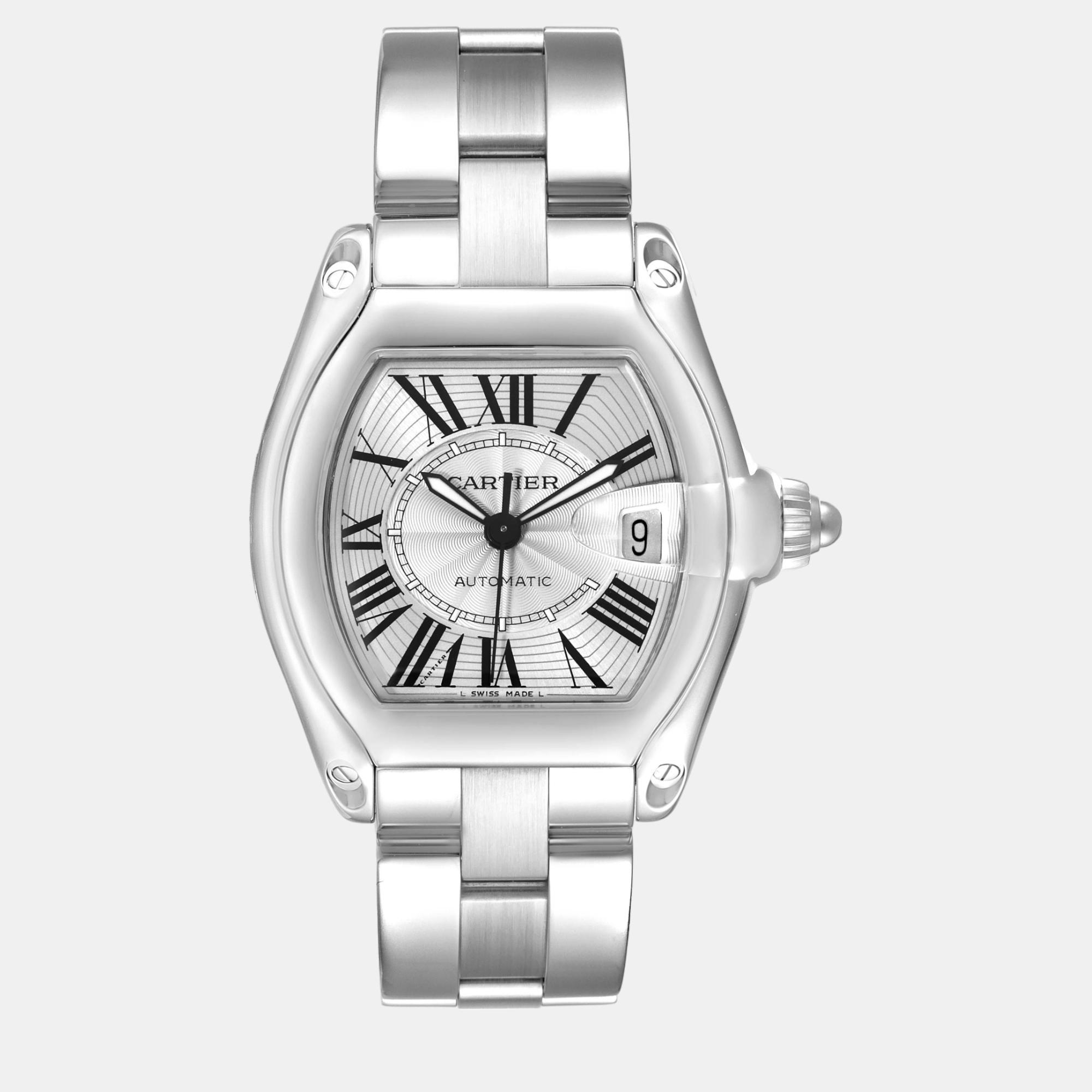 Cartier roadster large silver dial steel men's watch 38 mm