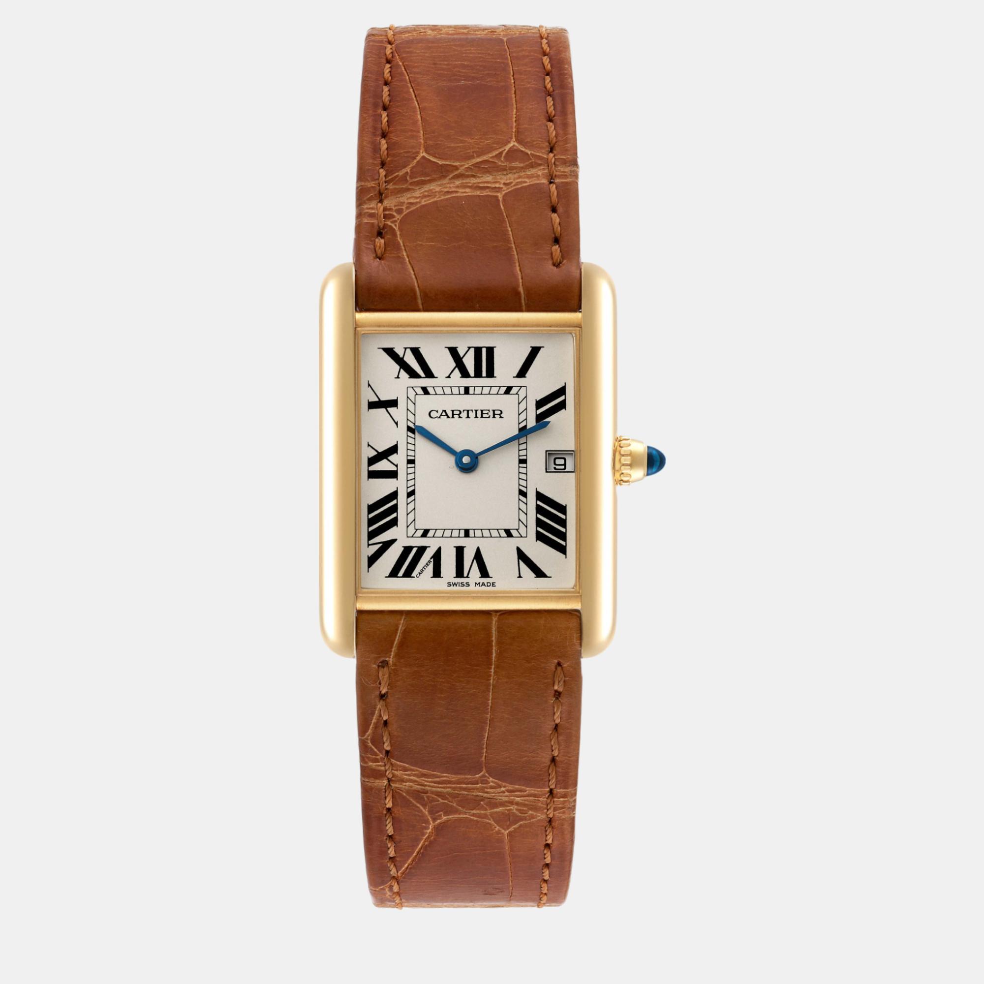 Cartier tank louis yellow gold brown leather strap mens watch w1529756 25 mm x 33 mm