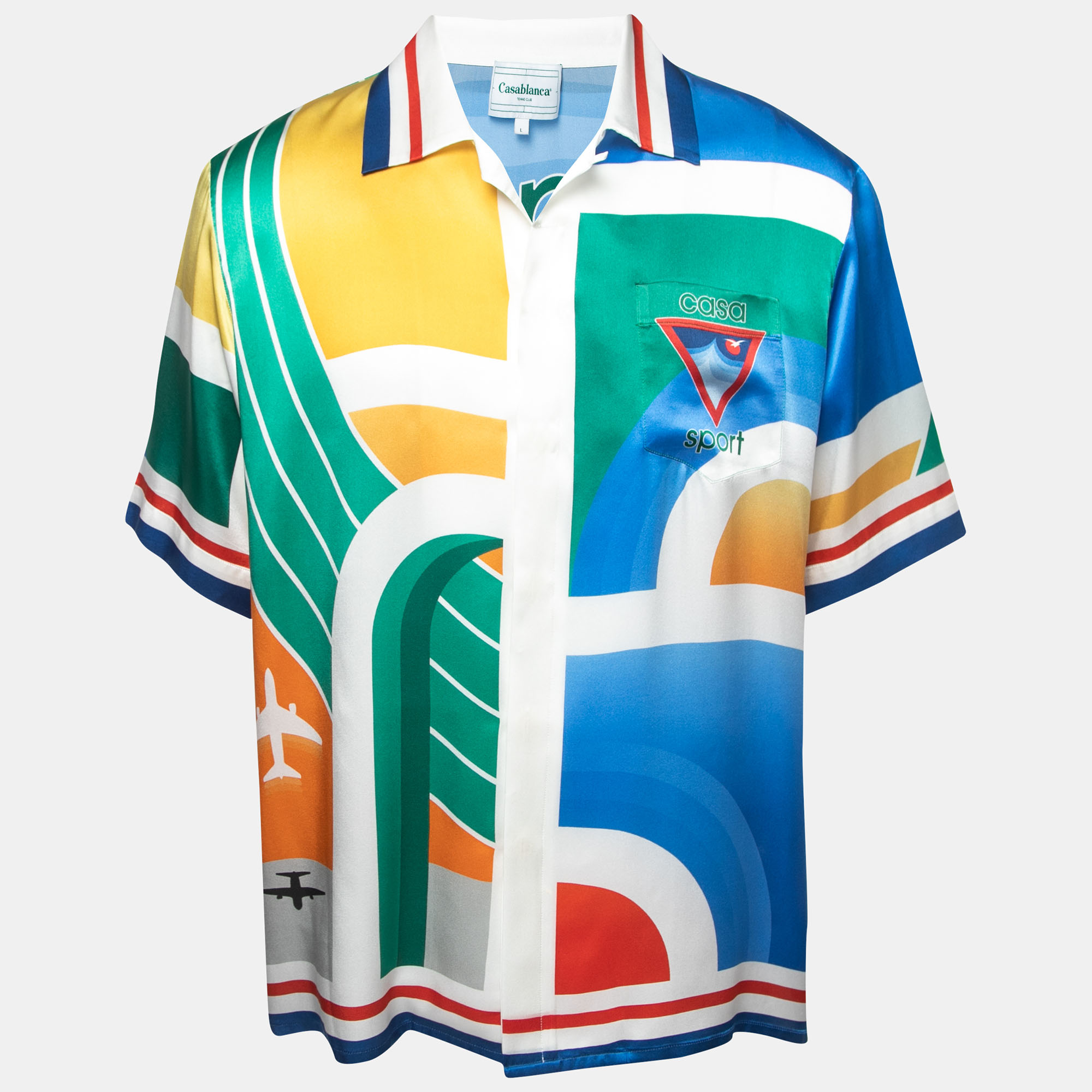 Casablanca Multicolor Logo Print Satin Silk Half Sleeve Shirt L