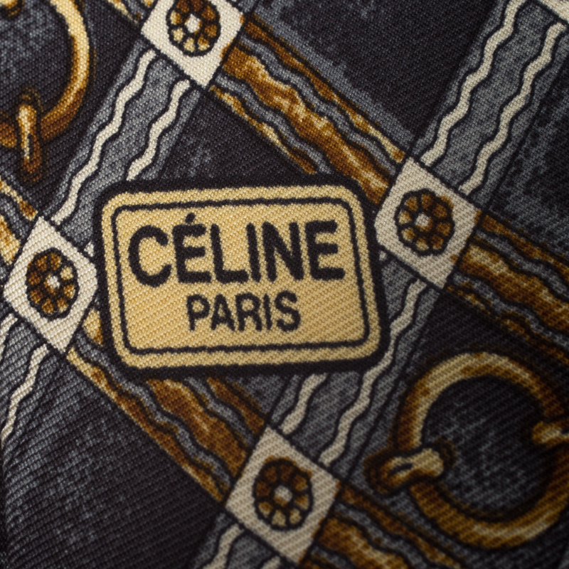 Celine Vintage Grey And Gold Equestrian Print Silk Tie