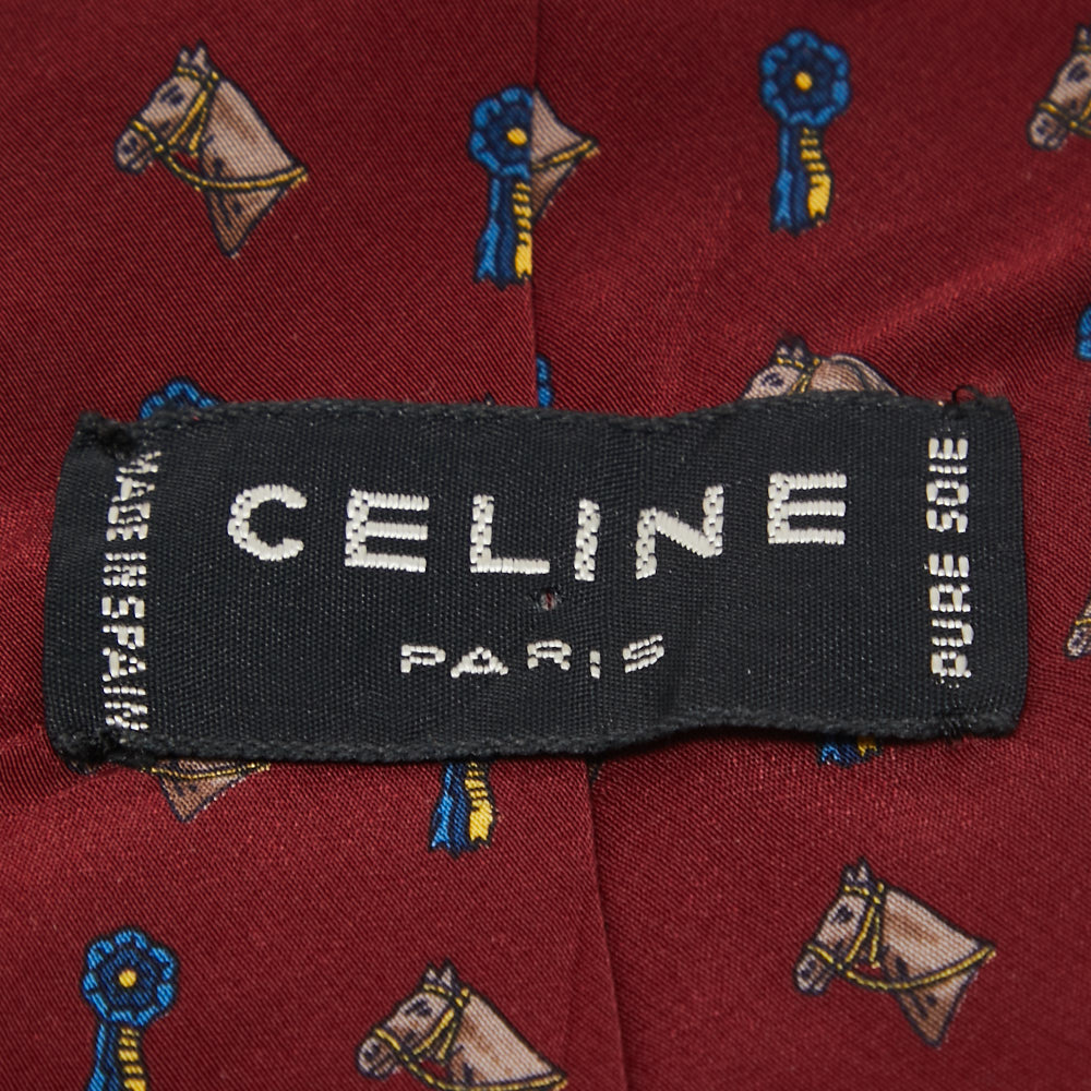 Celine Vintage Burgundy Horse And Badge Print Silk Tie