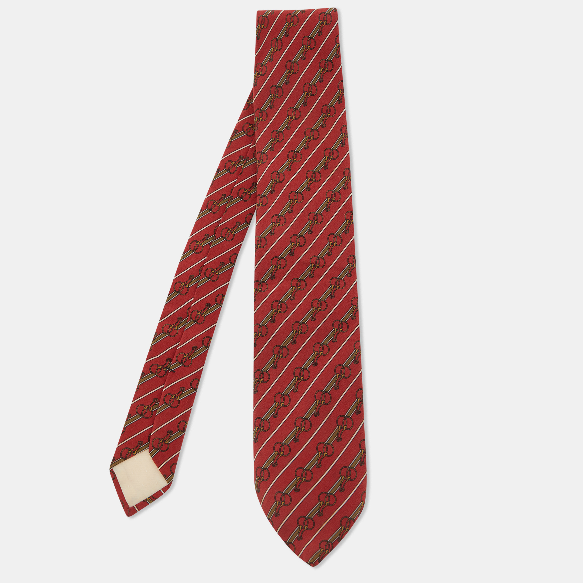 Celine Vintage Red Diagonal Striped Printed Silk Tie