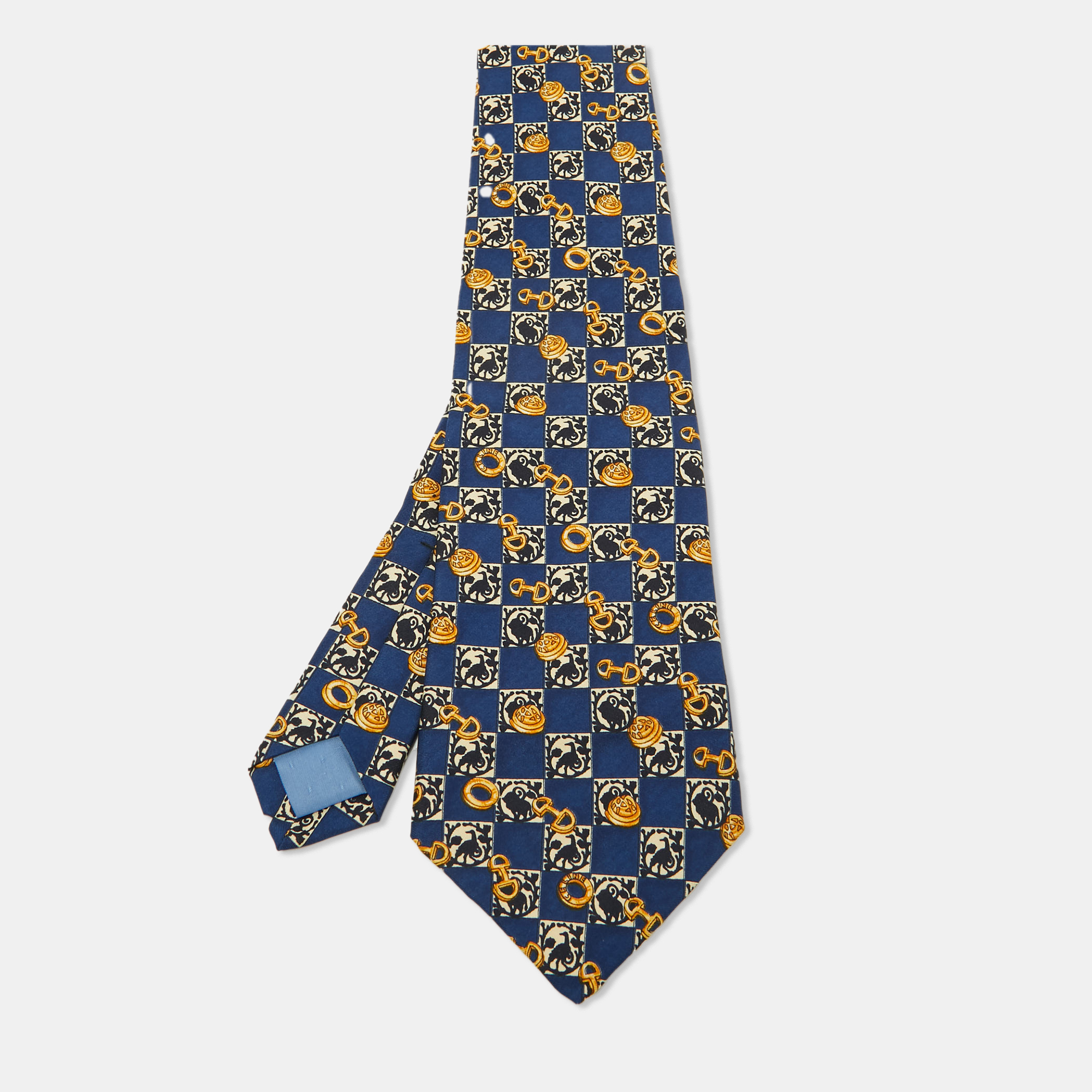 Celine vintage navy blue print silk traditional tie
