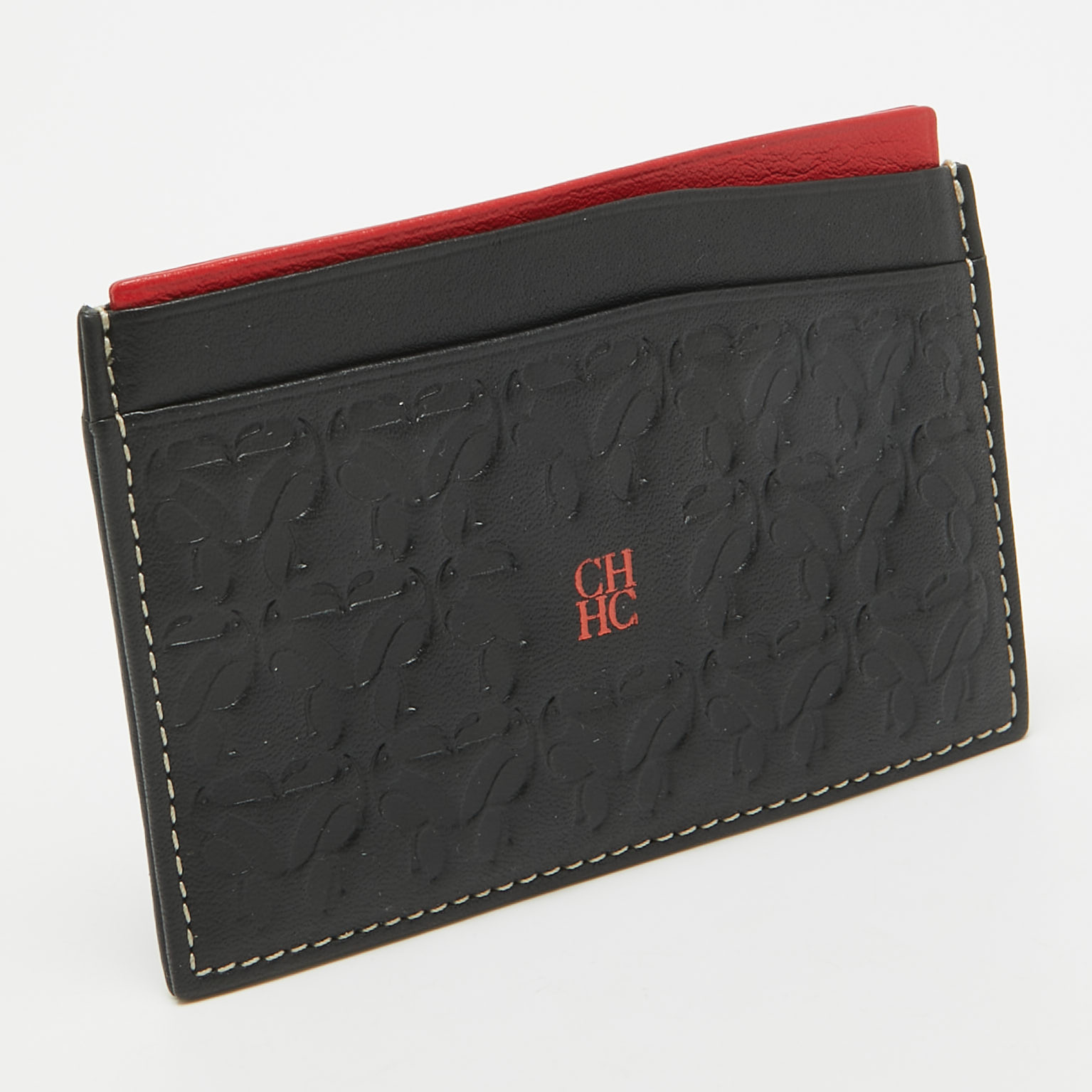 CH Carolina Herrera Black/Red Embossed Leather Card Holder