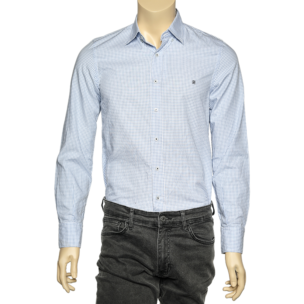 CH Carolina Herrera Blue & White Check Cotton Button Front Shirt S
