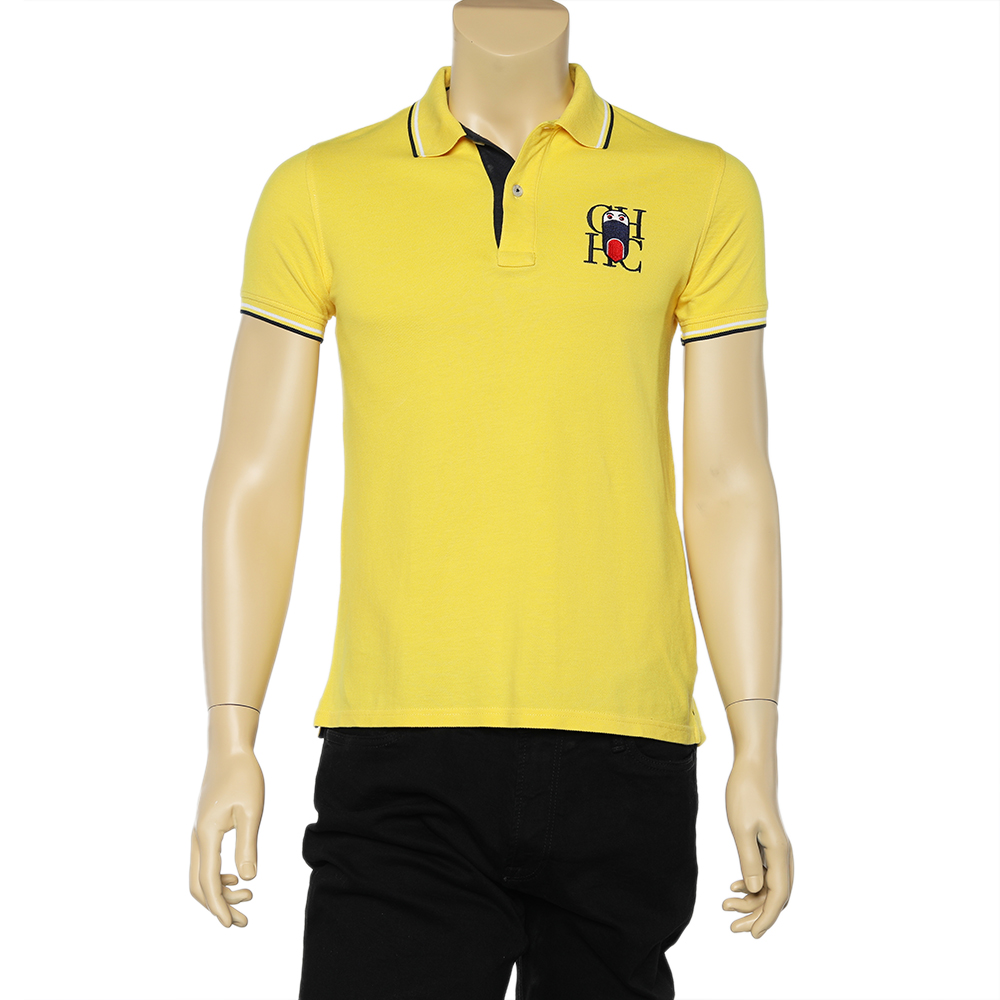 CH Carolina Herrera Yellow Logo Embroidered Cotton Knit Polo T-Shirt S